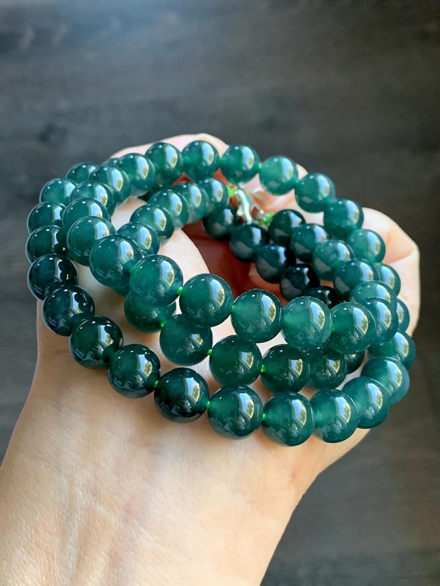 Natural Grade A Guatemalan Icy Translucent Dark Teal Green Jade Jadeite Beaded Necklace 24” 9.7mm 99g Sterling Silver 天然冰危深蓝绿翡翠大卡圆珠项链 WBL490