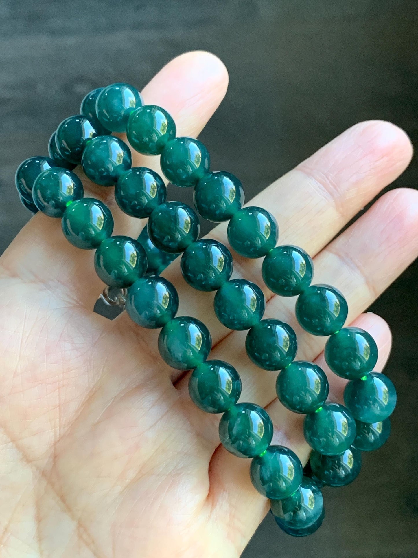 Natural Grade A Guatemalan Icy Translucent Dark Teal Green Jade Jadeite Beaded Necklace 24” 9.7mm 99g Sterling Silver 天然冰危深蓝绿翡翠大卡圆珠项链 WBL490