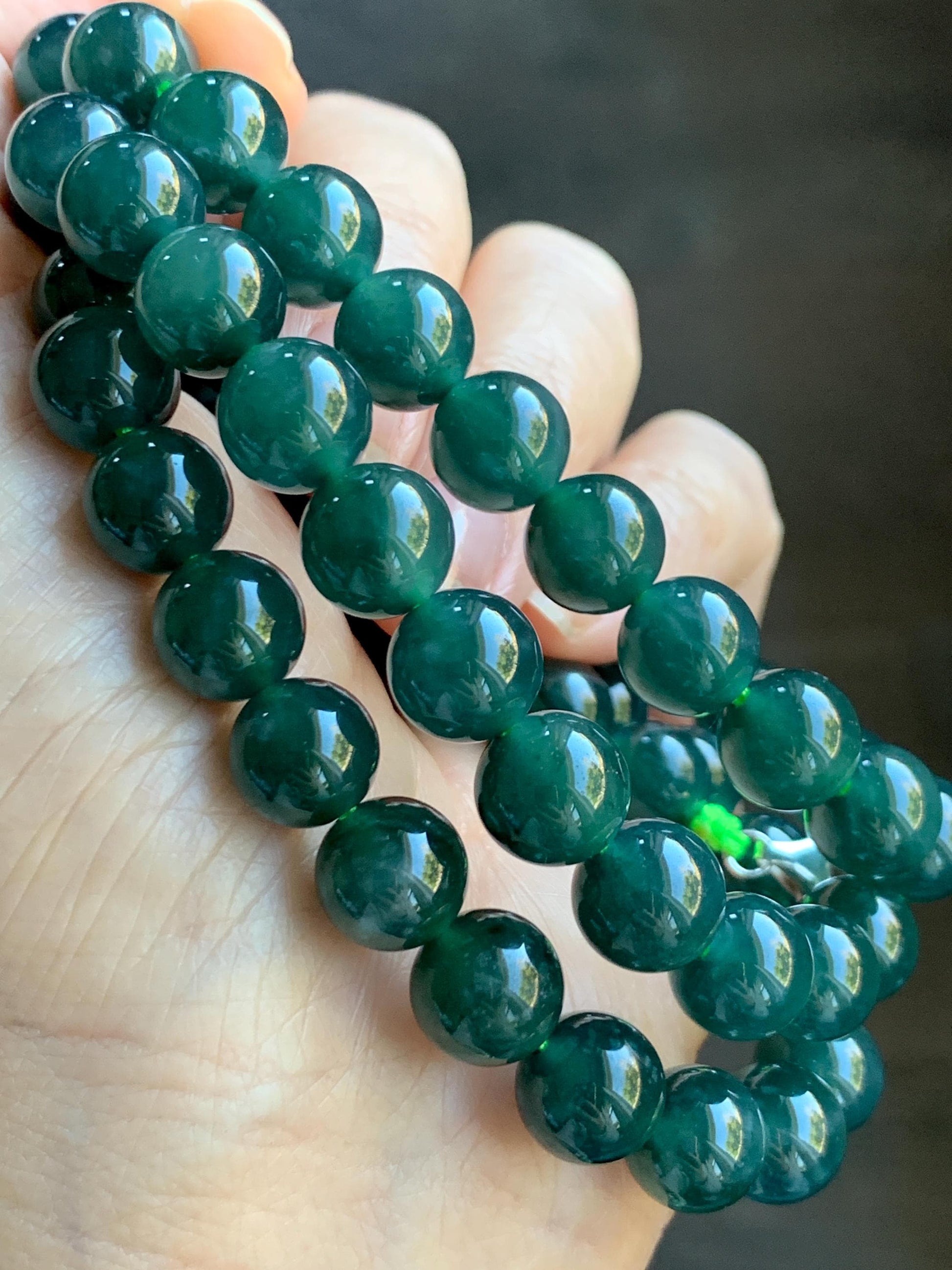 Natural Grade A Guatemalan Icy Translucent Dark Teal Green Jade Jadeite Beaded Necklace 24” 9.7mm 99g Sterling Silver 天然冰危深蓝绿翡翠大卡圆珠项链 WBL490