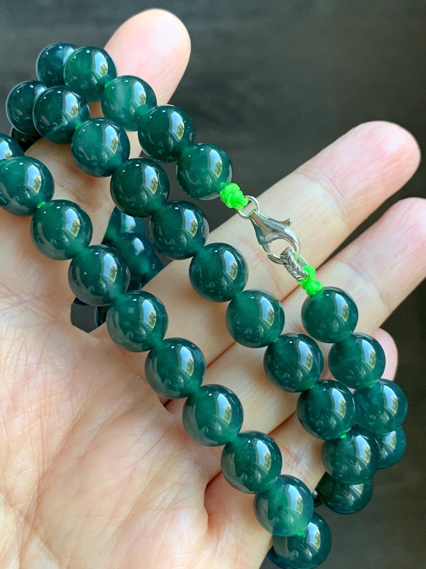 Natural Grade A Guatemalan Icy Translucent Dark Teal Green Jade Jadeite Beaded Necklace 24” 9.7mm 99g Sterling Silver 天然冰危深蓝绿翡翠大卡圆珠项链 WBL490