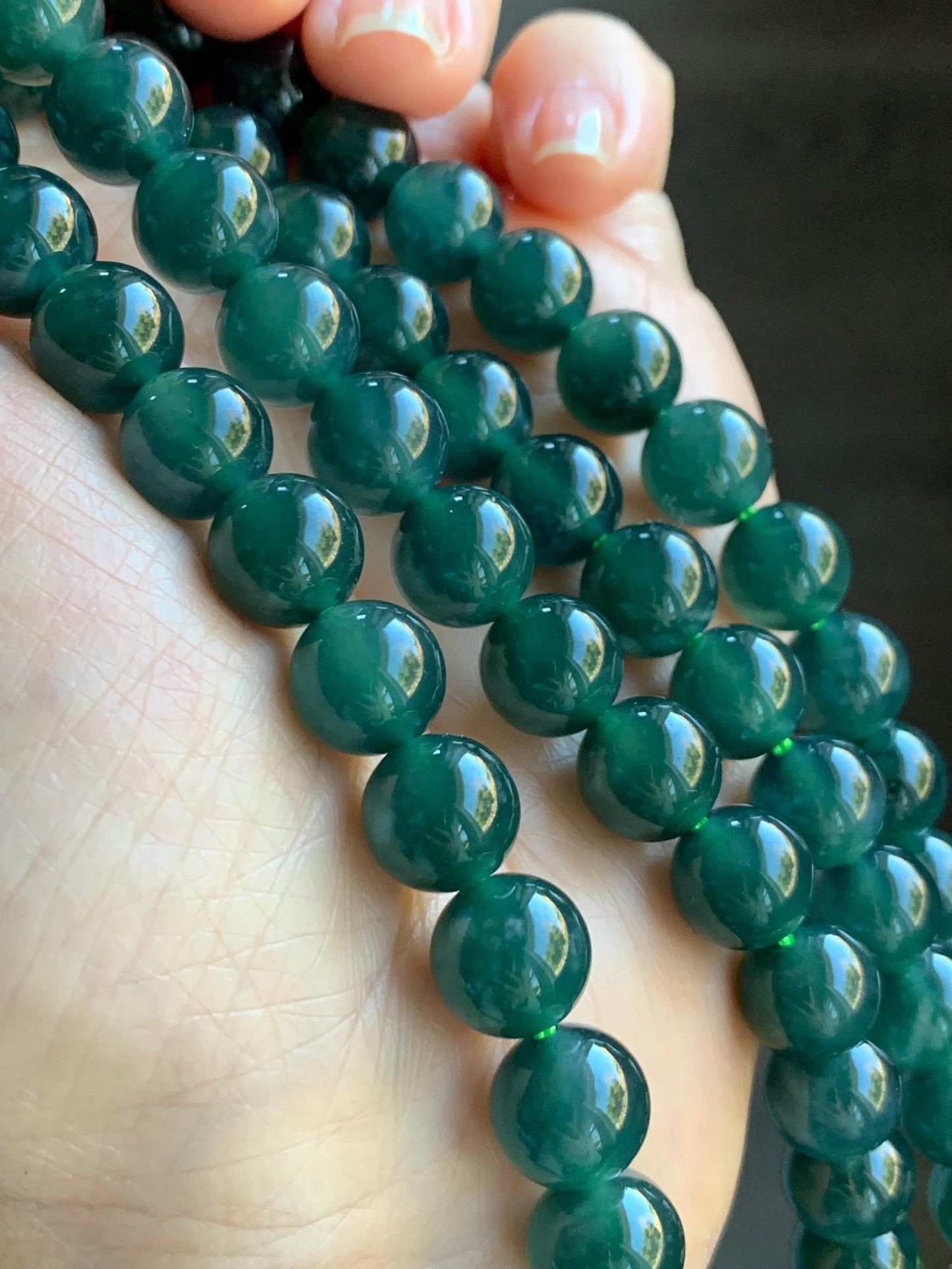 Natural Grade A Guatemalan Icy Translucent Dark Teal Green Jade Jadeite Beaded Necklace 24” 9.7mm 99g Sterling Silver 天然冰危深蓝绿翡翠大卡圆珠项链 WBL490