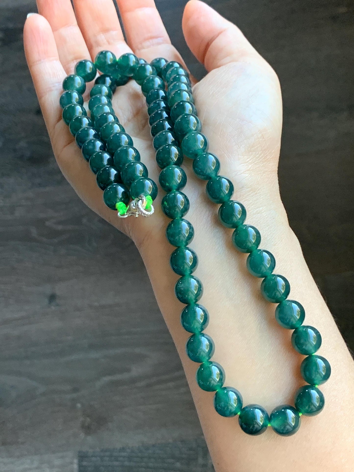 Natural Grade A Guatemalan Icy Translucent Dark Teal Green Jade Jadeite Beaded Necklace 24” 9.7mm 99g Sterling Silver 天然冰危深蓝绿翡翠大卡圆珠项链 WBL490