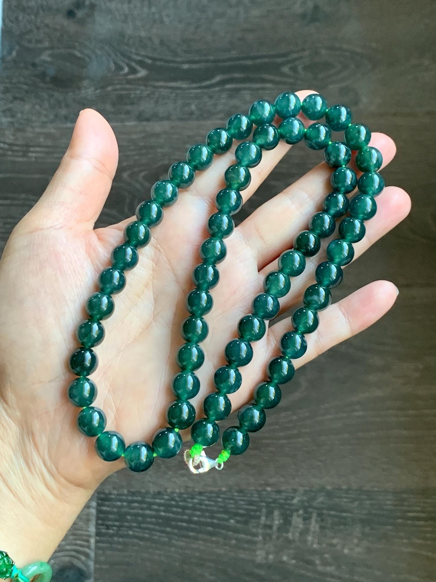 Natural Grade A Guatemalan Icy Translucent Dark Teal Green Jade Jadeite Beaded Necklace 24” 9.7mm 99g Sterling Silver 天然冰危深蓝绿翡翠大卡圆珠项链 WBL490