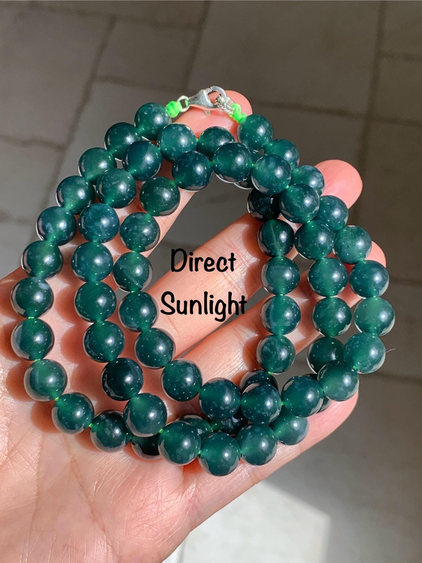 Natural Grade A Guatemalan Icy Translucent Dark Teal Green Jade Jadeite Beaded Necklace 24” 9.7mm 99g Sterling Silver 天然冰危深蓝绿翡翠大卡圆珠项链 WBL490
