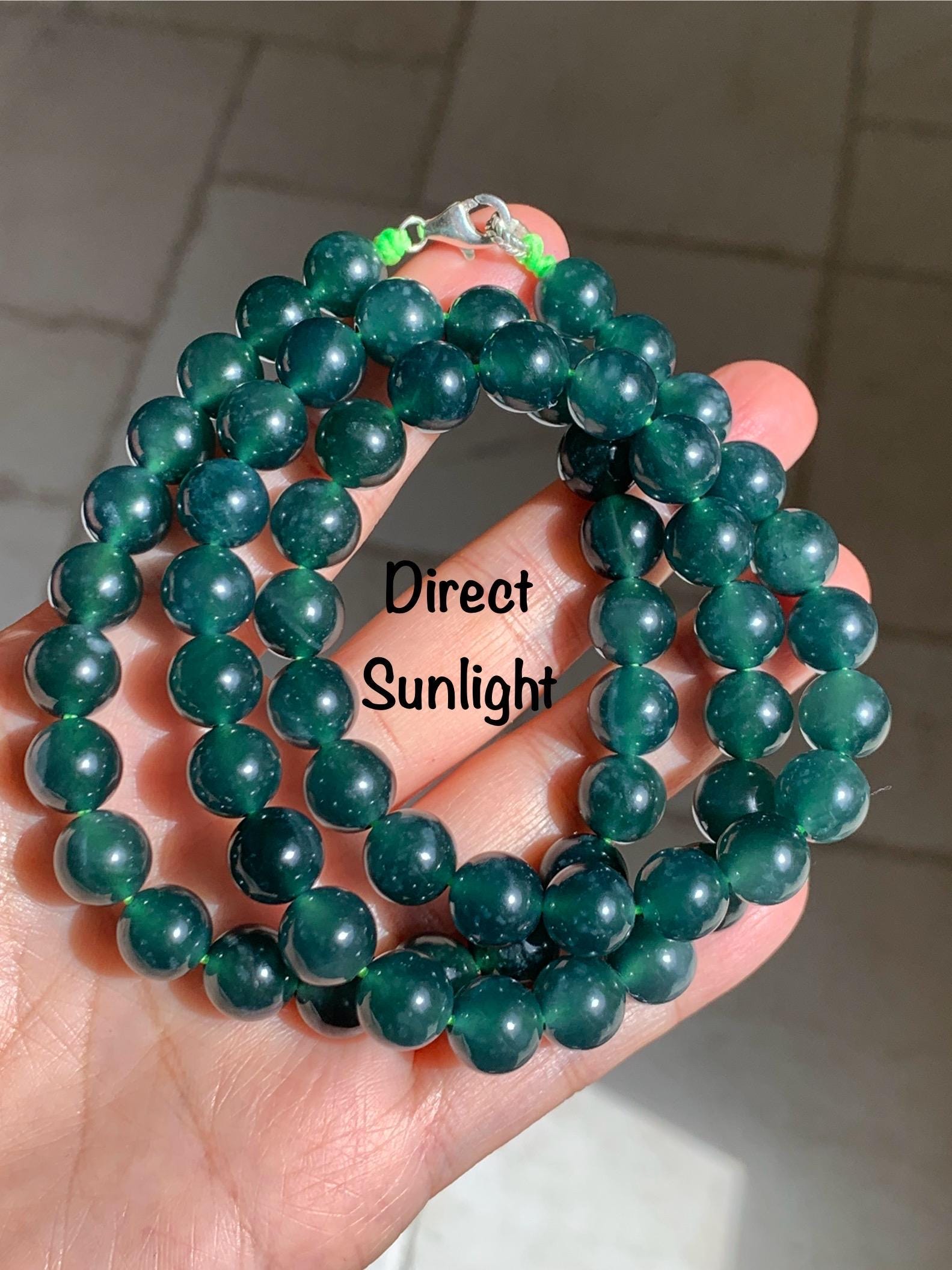 Natural Grade A Guatemalan Icy Translucent Dark Teal Green Jade Jadeite Beaded Necklace 24” 9.7mm 99g Sterling Silver 天然冰危深蓝绿翡翠大卡圆珠项链 WBL490