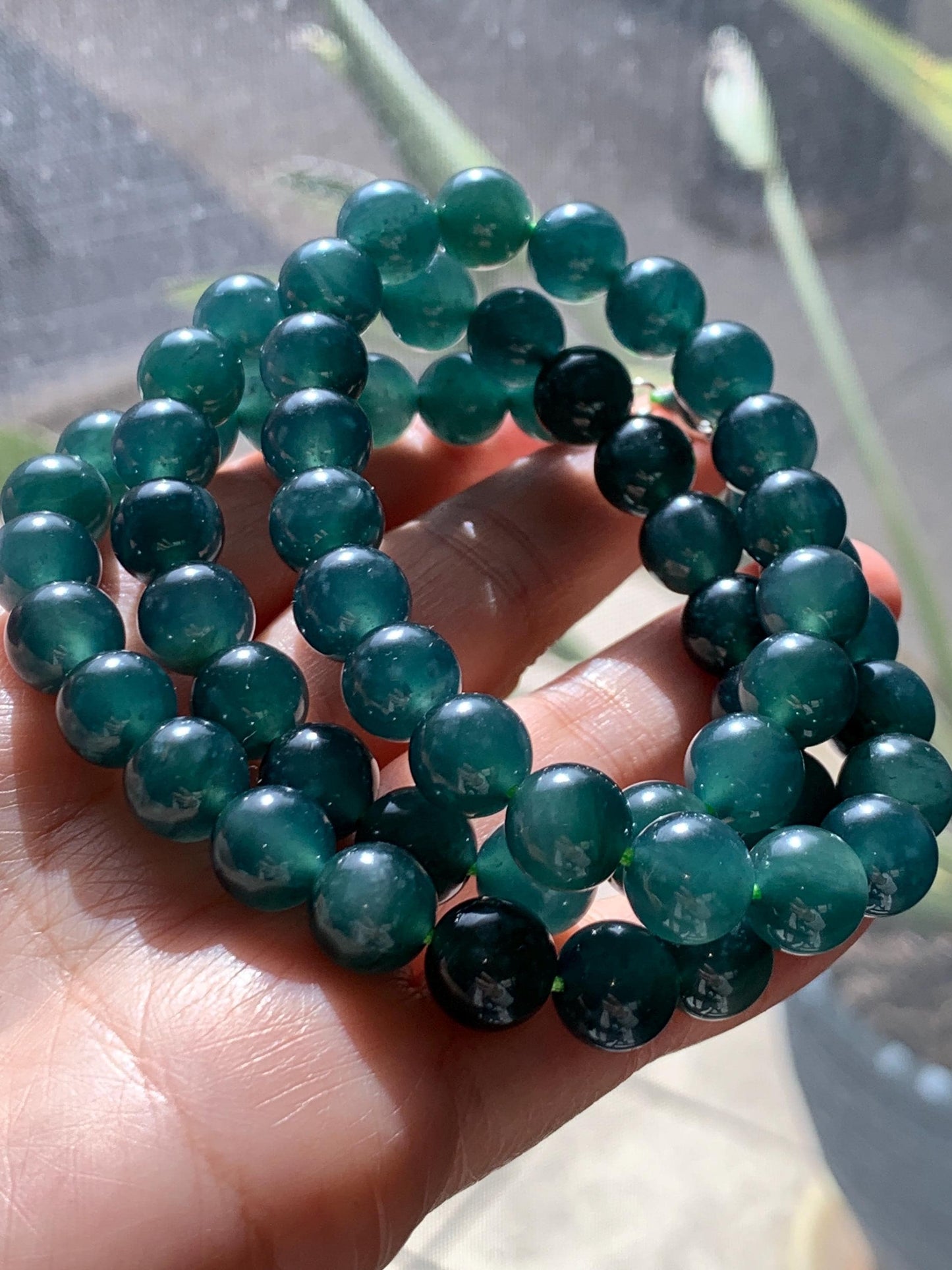 Natural Grade A Guatemalan Icy Translucent Dark Teal Green Jade Jadeite Beaded Necklace 24” 9.7mm 99g Sterling Silver 天然冰危深蓝绿翡翠大卡圆珠项链 WBL490