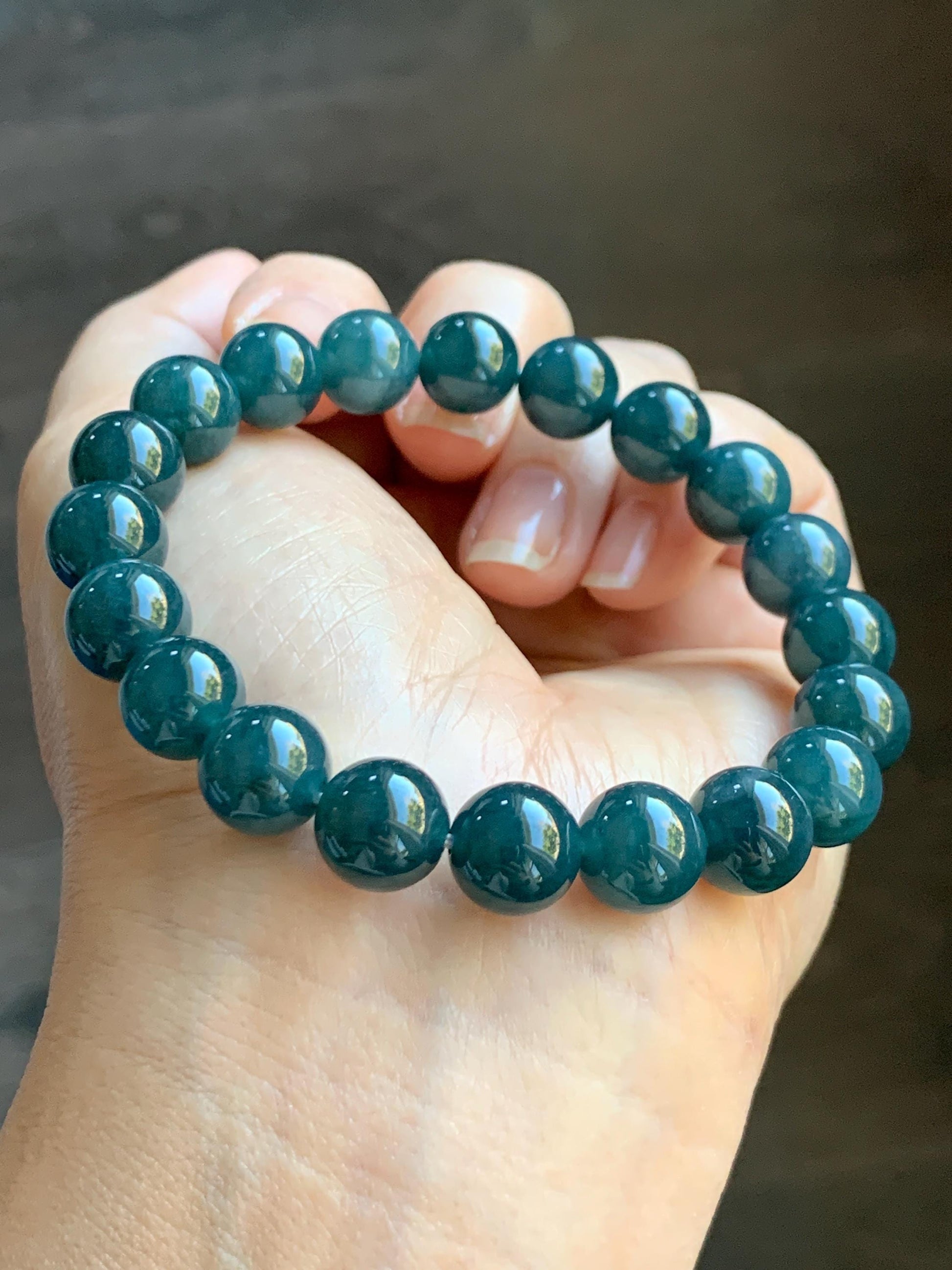 Natural Grade A Guatemalan Icy Translucent Dark Aegean Blue Jade Jadeite Beaded Bracelet 9.8mm 7.25” 33g 天然冰危深牛仔蓝翡翠圆珠手串 NZL220