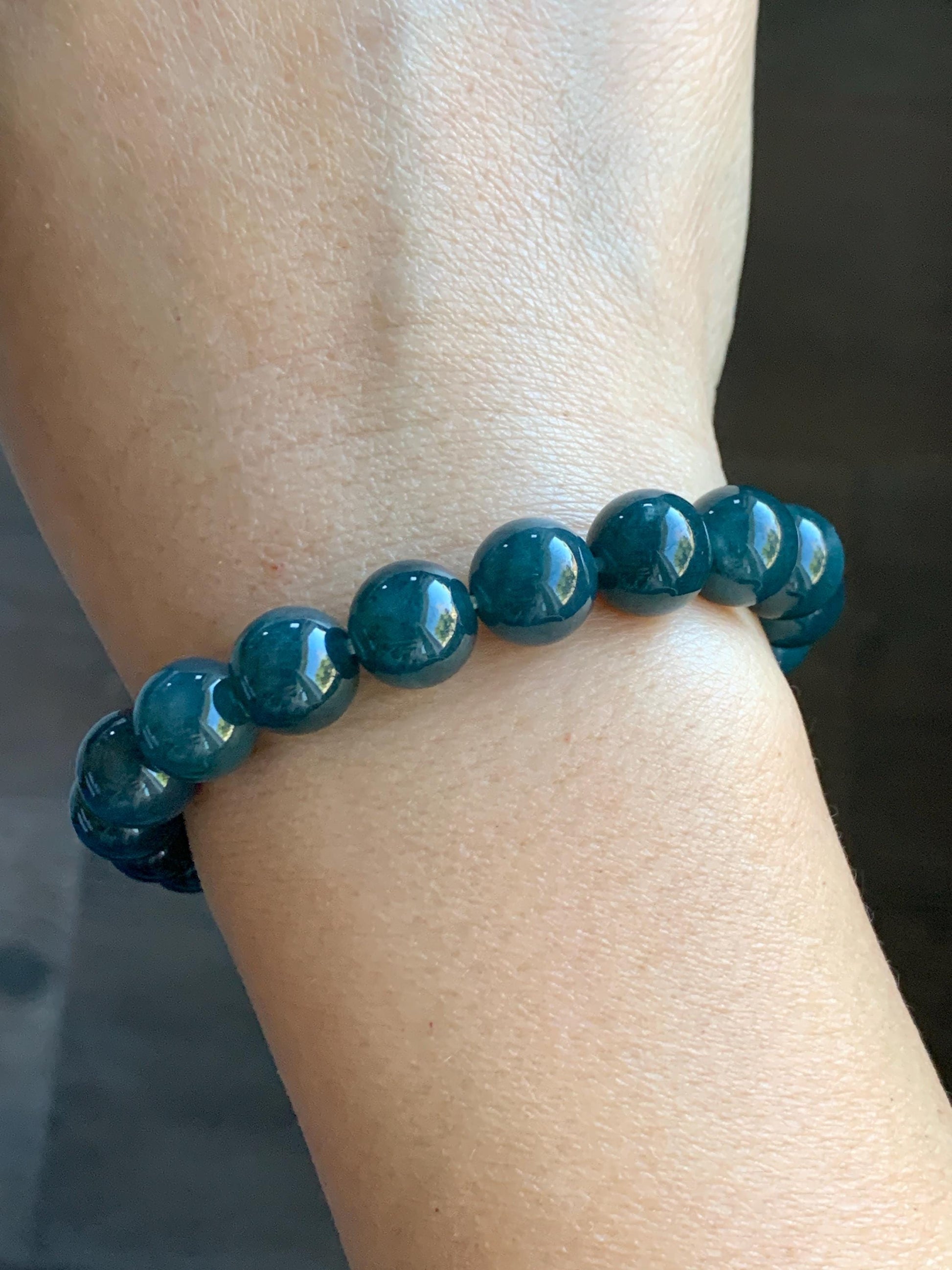 Natural Grade A Guatemalan Icy Translucent Dark Aegean Blue Jade Jadeite Beaded Bracelet 9.8mm 7.25” 33g 天然冰危深牛仔蓝翡翠圆珠手串 NZL220
