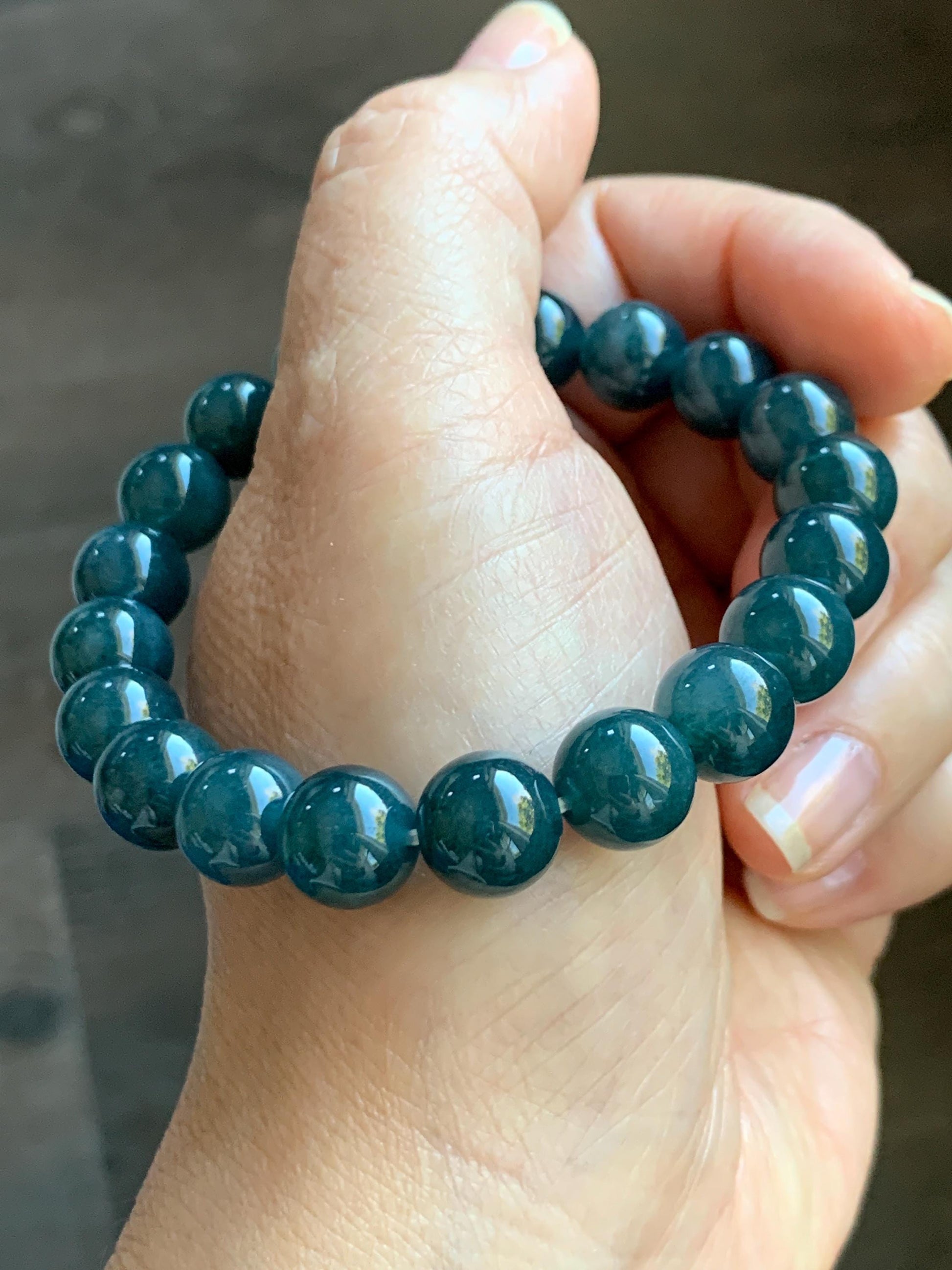 Natural Grade A Guatemalan Icy Translucent Dark Aegean Blue Jade Jadeite Beaded Bracelet 9.8mm 7.25” 33g 天然冰危深牛仔蓝翡翠圆珠手串 NZL220