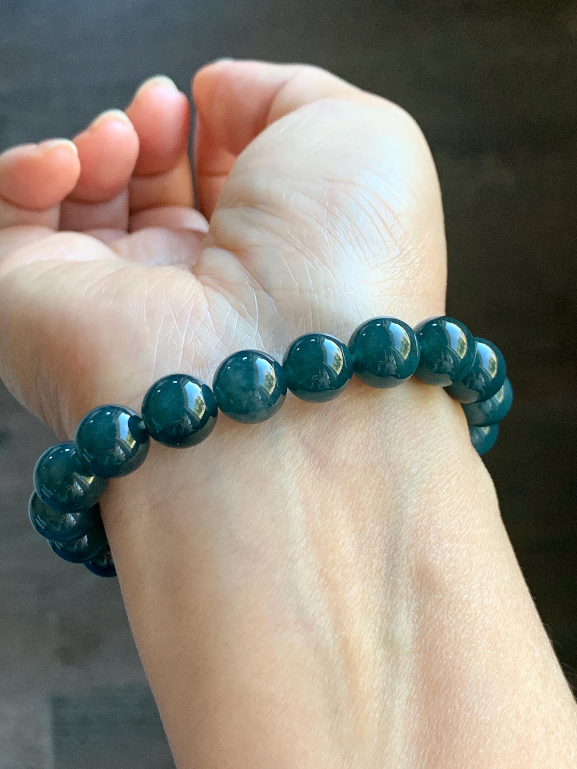 Natural Grade A Guatemalan Icy Translucent Dark Aegean Blue Jade Jadeite Beaded Bracelet 9.8mm 7.25” 33g 天然冰危深牛仔蓝翡翠圆珠手串 NZL220
