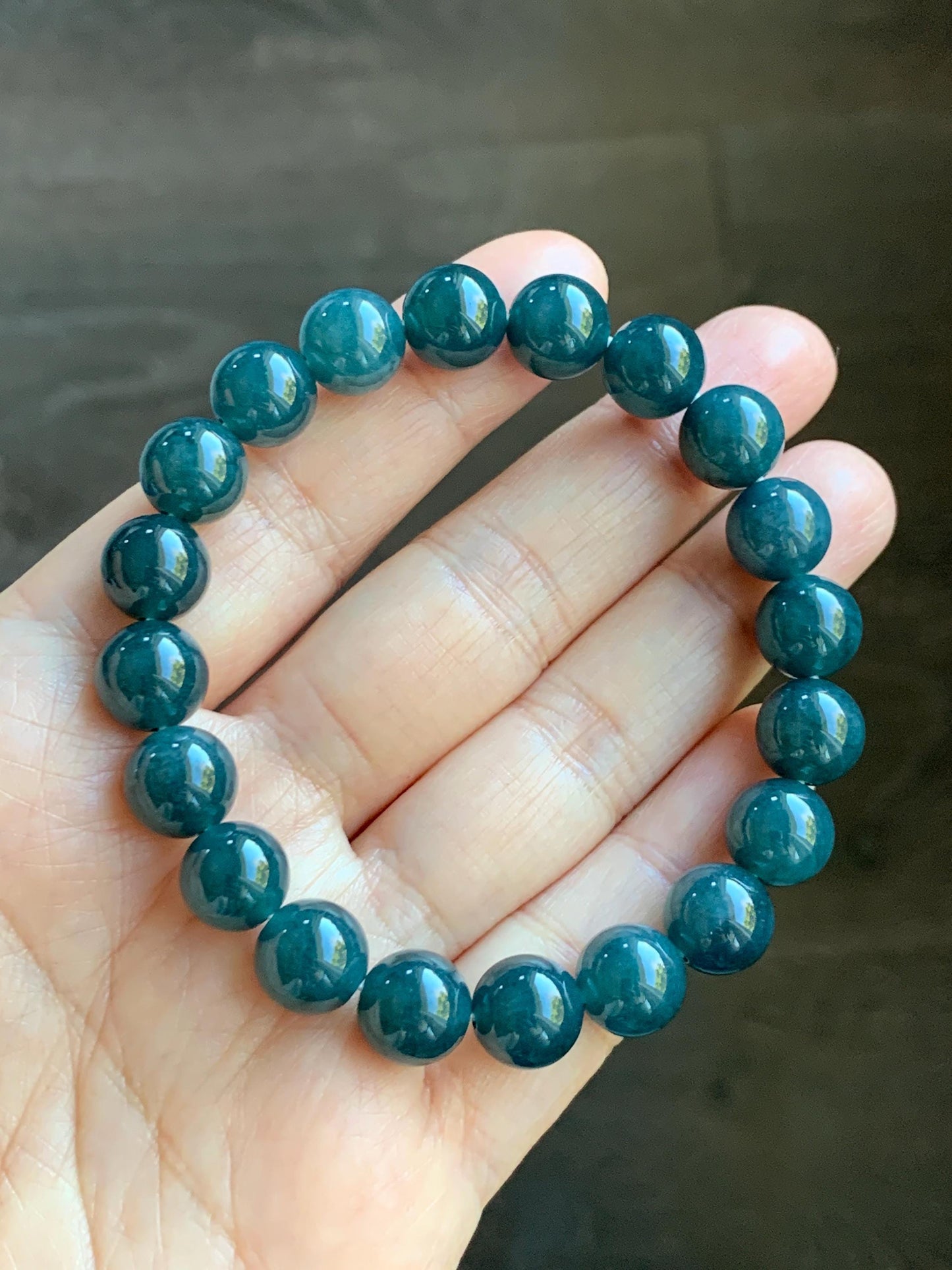 Natural Grade A Guatemalan Icy Translucent Dark Aegean Blue Jade Jadeite Beaded Bracelet 9.8mm 7.25” 33g 天然冰危深牛仔蓝翡翠圆珠手串 NZL220