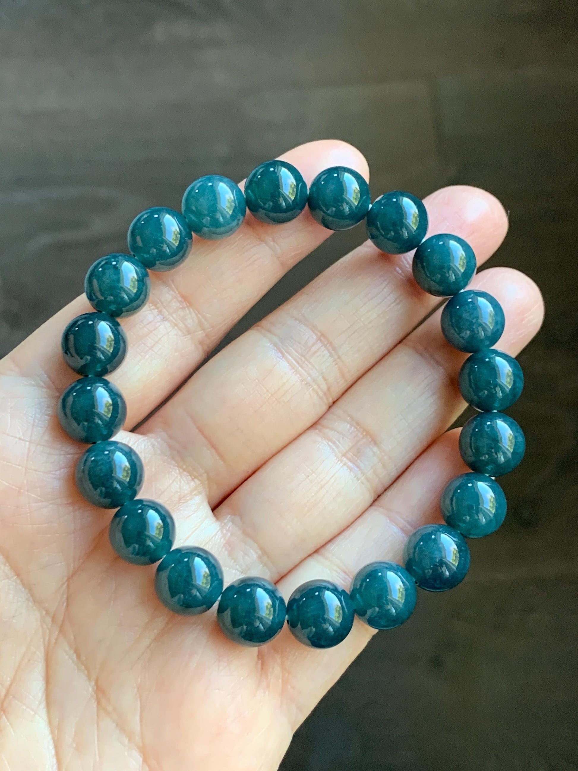 Natural Grade A Guatemalan Icy Translucent Dark Aegean Blue Jade Jadeite Beaded Bracelet 9.8mm 7.25” 33g 天然冰危深牛仔蓝翡翠圆珠手串 NZL220
