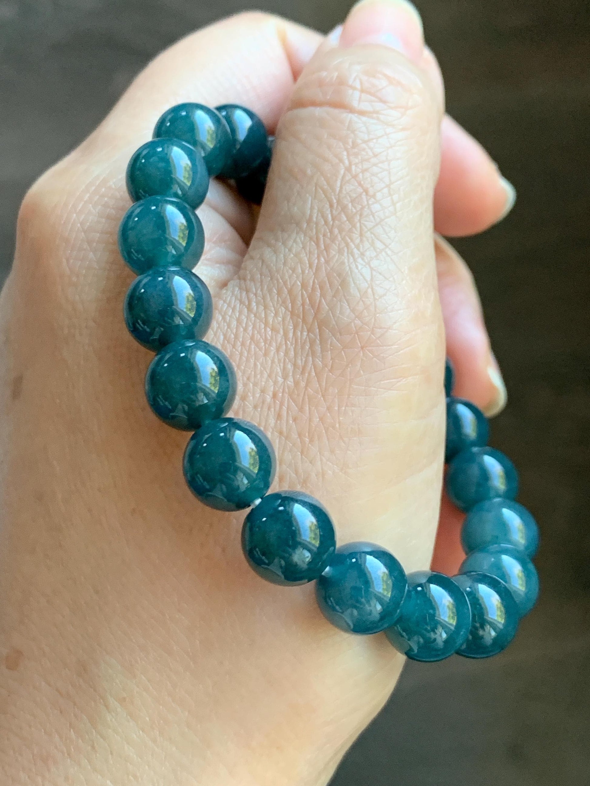 Natural Grade A Guatemalan Icy Translucent Dark Aegean Blue Jade Jadeite Beaded Bracelet 9.8mm 7.25” 33g 天然冰危深牛仔蓝翡翠圆珠手串 NZL220