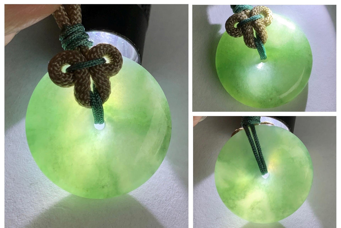 Natural Grade A Icy Translucent Light Green Marbled Jade Jadeite Ping An Kou Donut Pendant Rope Necklace 26" 10g 天然冰晴绿飘花翡翠平安扣吊坠项链 MLP88A