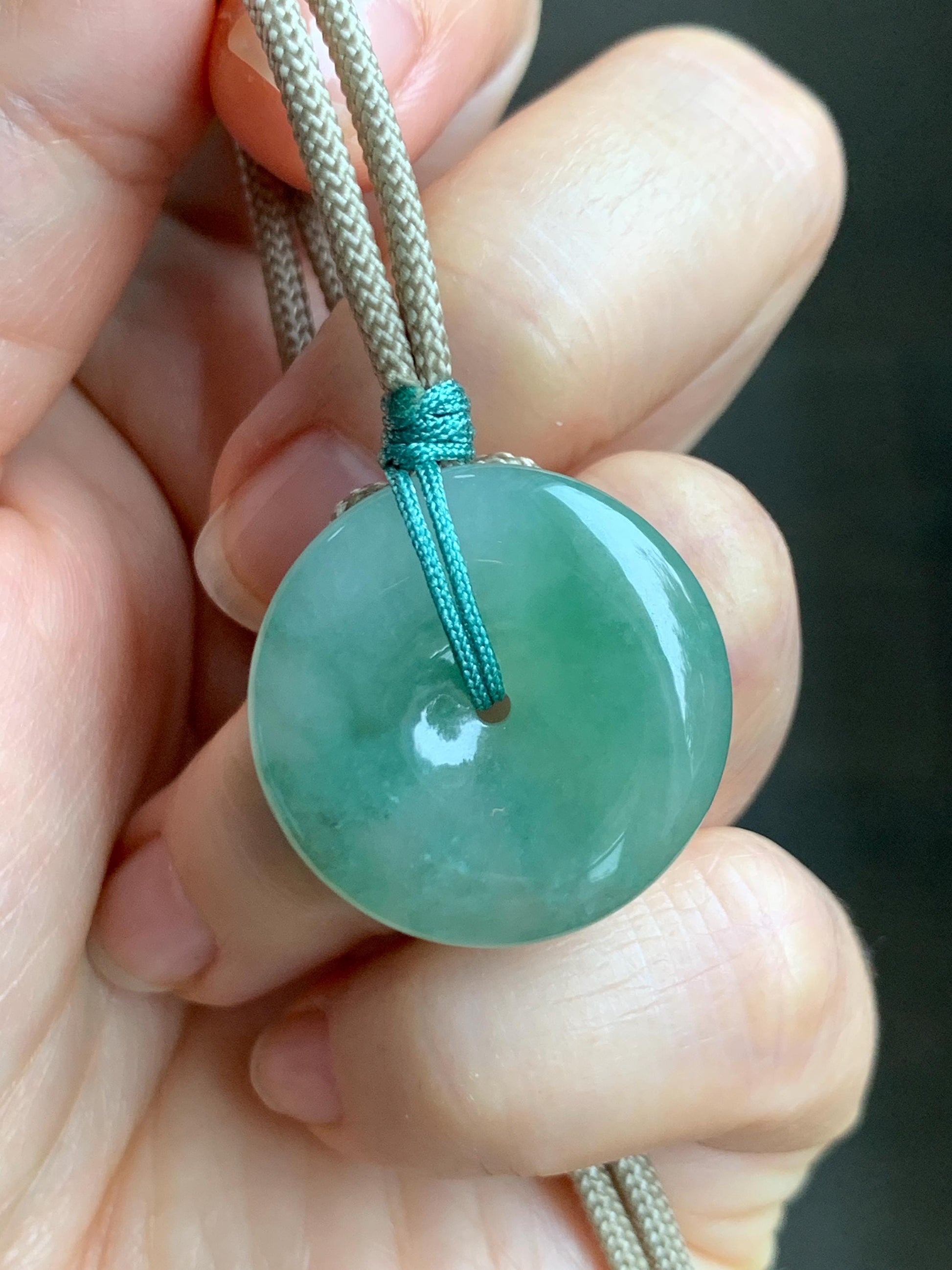 Natural Grade A Icy Translucent Light Green Marbled Jade Jadeite Ping An Kou Donut Pendant Rope Necklace 26" 10g 天然冰晴绿飘花翡翠平安扣吊坠项链 MLP88A