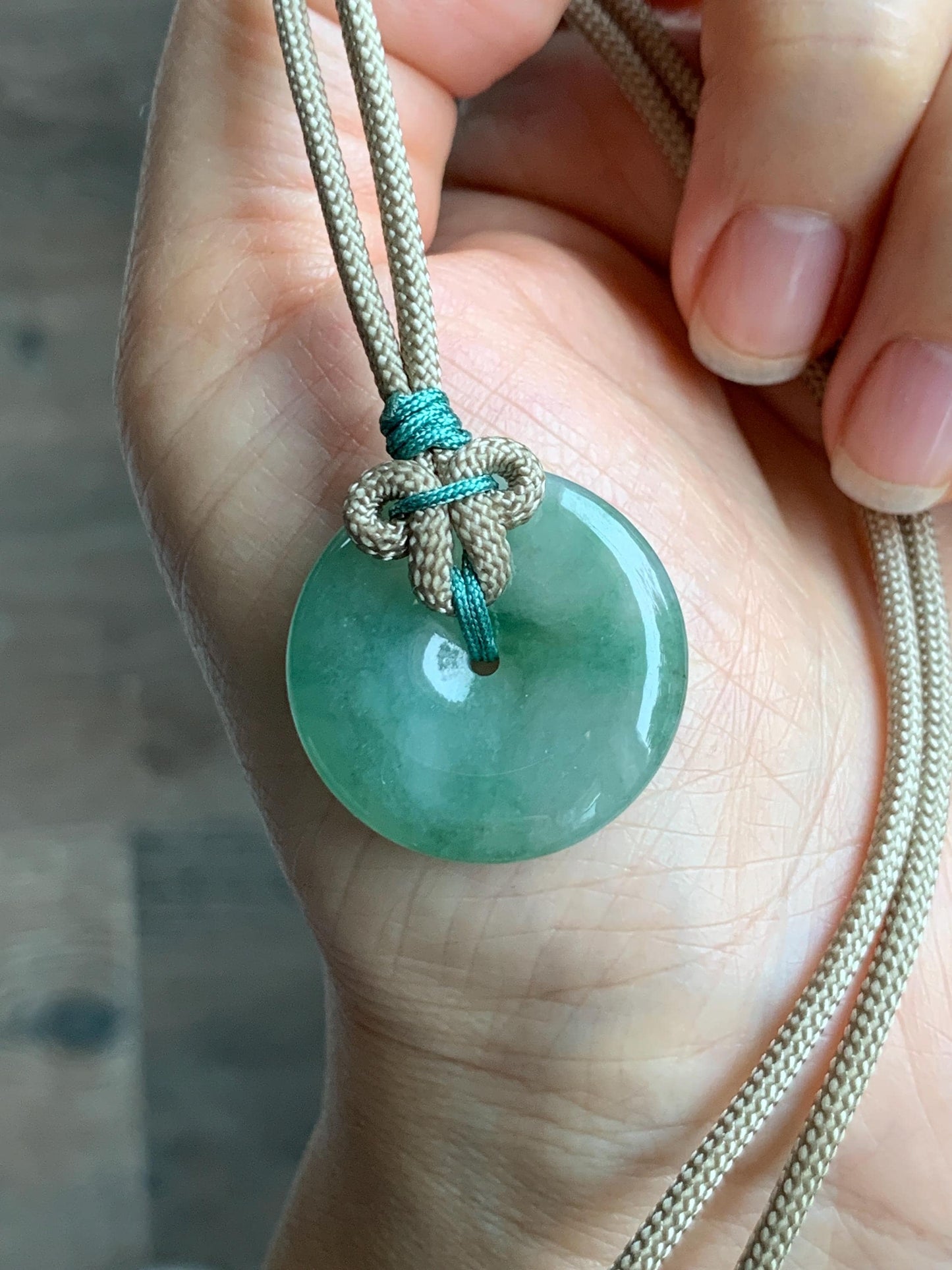 Natural Grade A Icy Translucent Light Green Marbled Jade Jadeite Ping An Kou Donut Pendant Rope Necklace 26" 10g 天然冰晴绿飘花翡翠平安扣吊坠项链 MLP88A