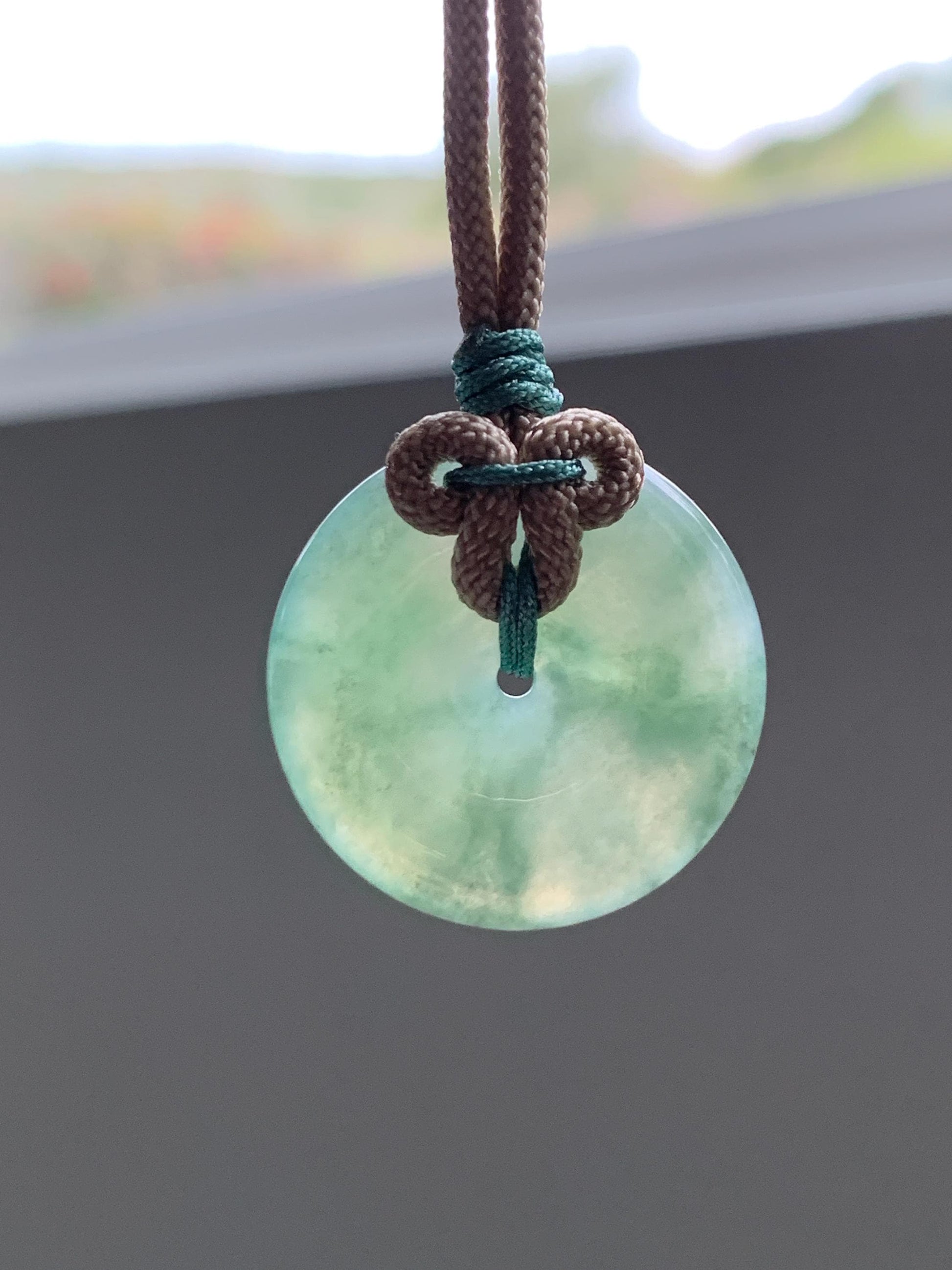 Natural Grade A Icy Translucent Light Green Marbled Jade Jadeite Ping An Kou Donut Pendant Rope Necklace 26" 10g 天然冰晴绿飘花翡翠平安扣吊坠项链 MLP88A