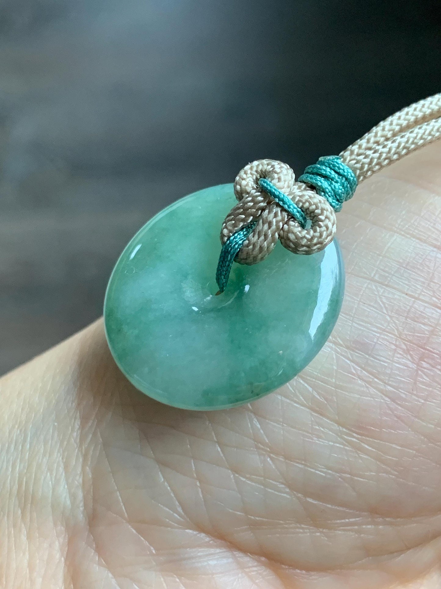 Natural Grade A Icy Translucent Light Green Marbled Jade Jadeite Ping An Kou Donut Pendant Rope Necklace 26" 10g 天然冰晴绿飘花翡翠平安扣吊坠项链 MLP88A