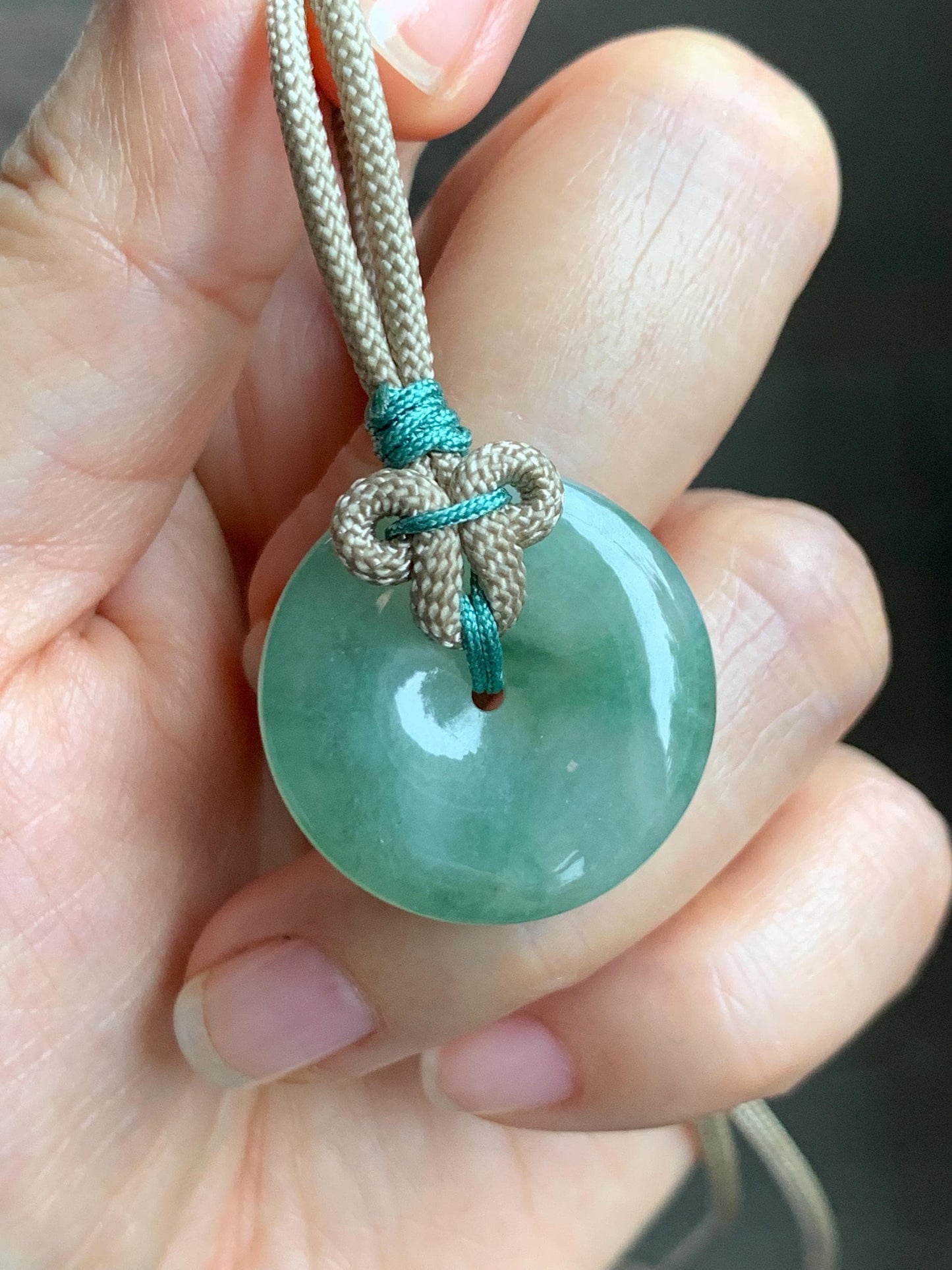 Natural Grade A Icy Translucent Light Green Marbled Jade Jadeite Ping An Kou Donut Pendant Rope Necklace 26" 10g 天然冰晴绿飘花翡翠平安扣吊坠项链 MLP88A