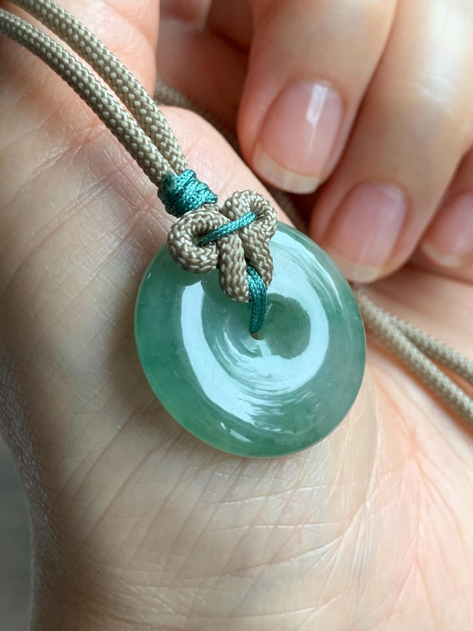 Natural Grade A Icy Translucent Light Green Marbled Jade Jadeite Ping An Kou Donut Pendant Rope Necklace 26" 10g 天然冰晴绿飘花翡翠平安扣吊坠项链 MLP88A