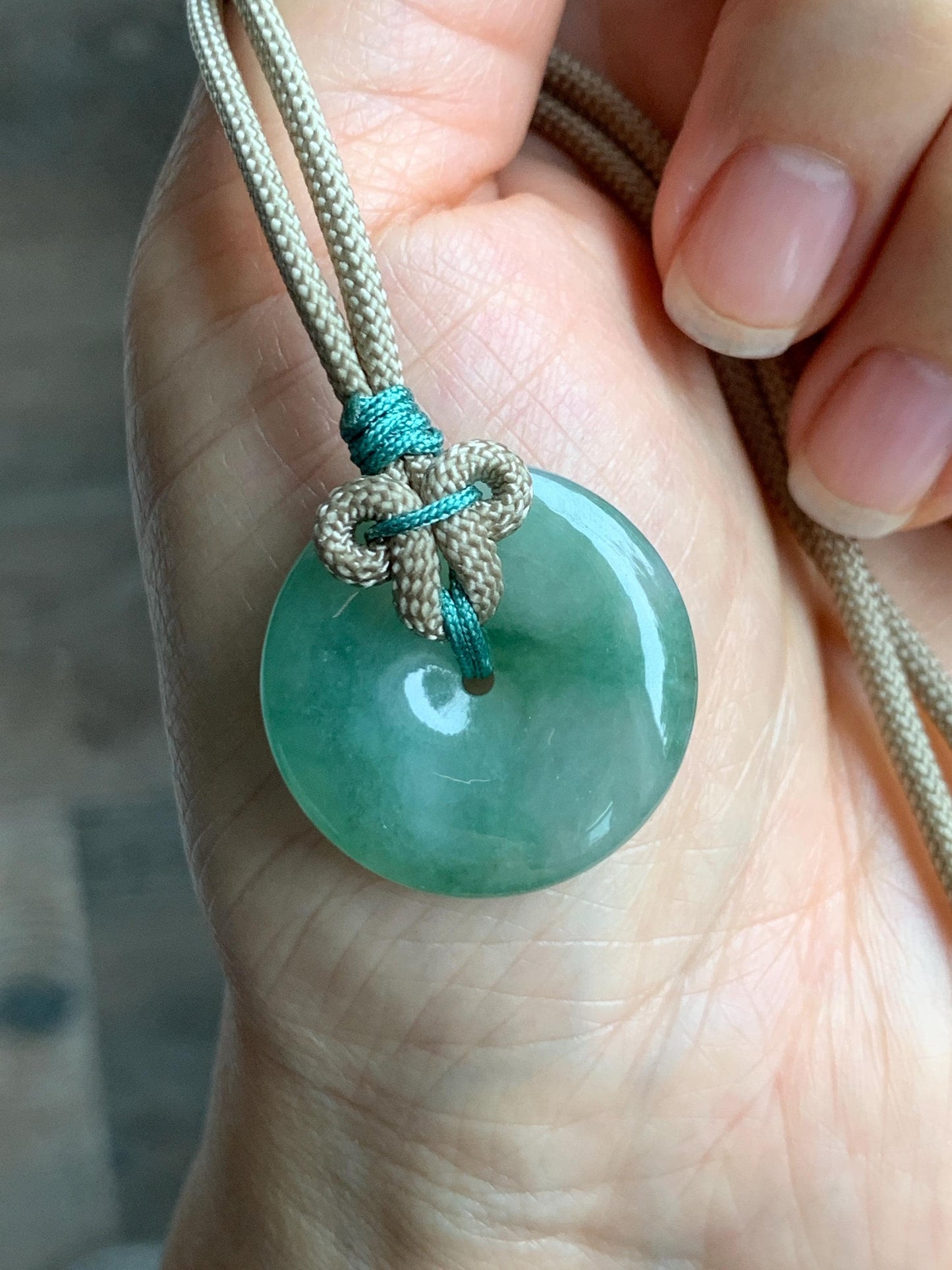 Natural Grade A Icy Translucent Light Green Marbled Jade Jadeite Ping An Kou Donut Pendant Rope Necklace 26" 10g 天然冰晴绿飘花翡翠平安扣吊坠项链 MLP88A