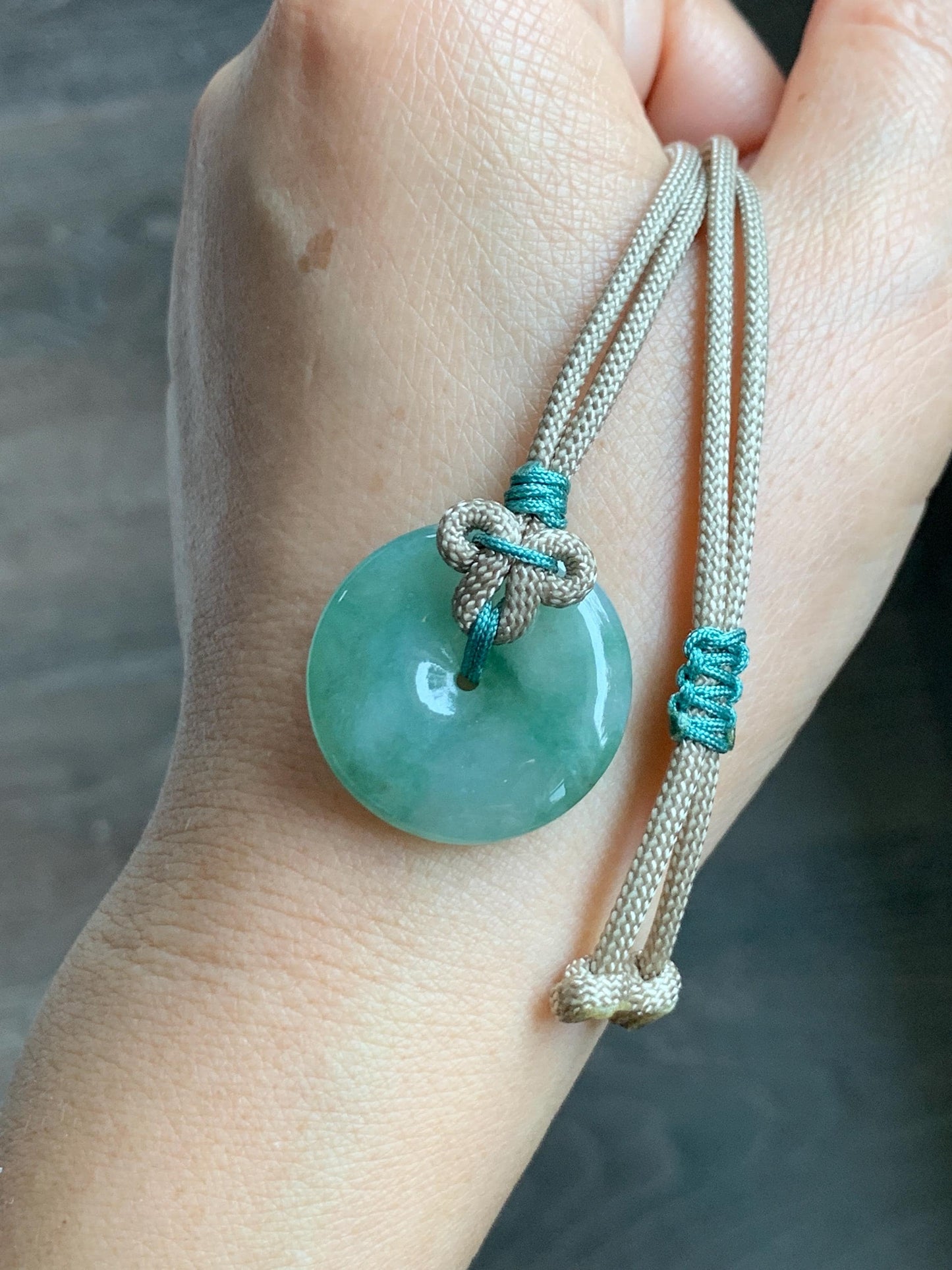 Natural Grade A Icy Translucent Light Green Marbled Jade Jadeite Ping An Kou Donut Pendant Rope Necklace 26" 10g 天然冰晴绿飘花翡翠平安扣吊坠项链 MLP88A