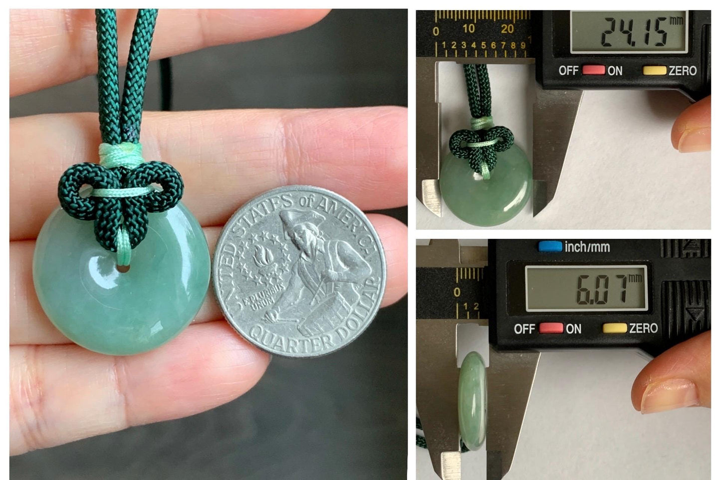 Natural Grade A Icy Translucent Light Green Jade Jadeite Ping An Kou Donut Pendant Rope Necklace 25" 11g 天然冰晴绿翡翠平安扣吊坠项链 MLP88B