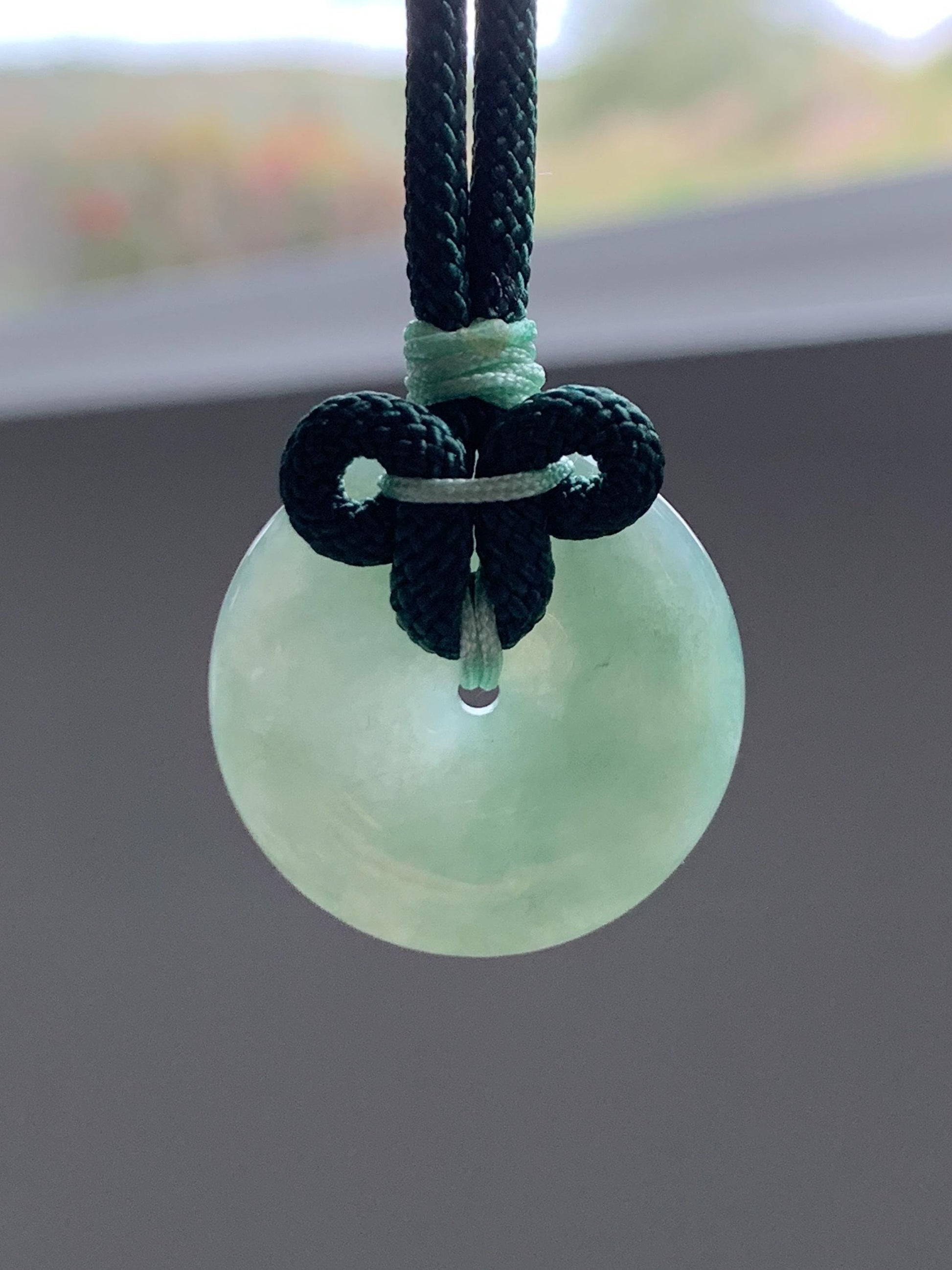 Natural Grade A Icy Translucent Light Green Jade Jadeite Ping An Kou Donut Pendant Rope Necklace 25" 11g 天然冰晴绿翡翠平安扣吊坠项链 MLP88B