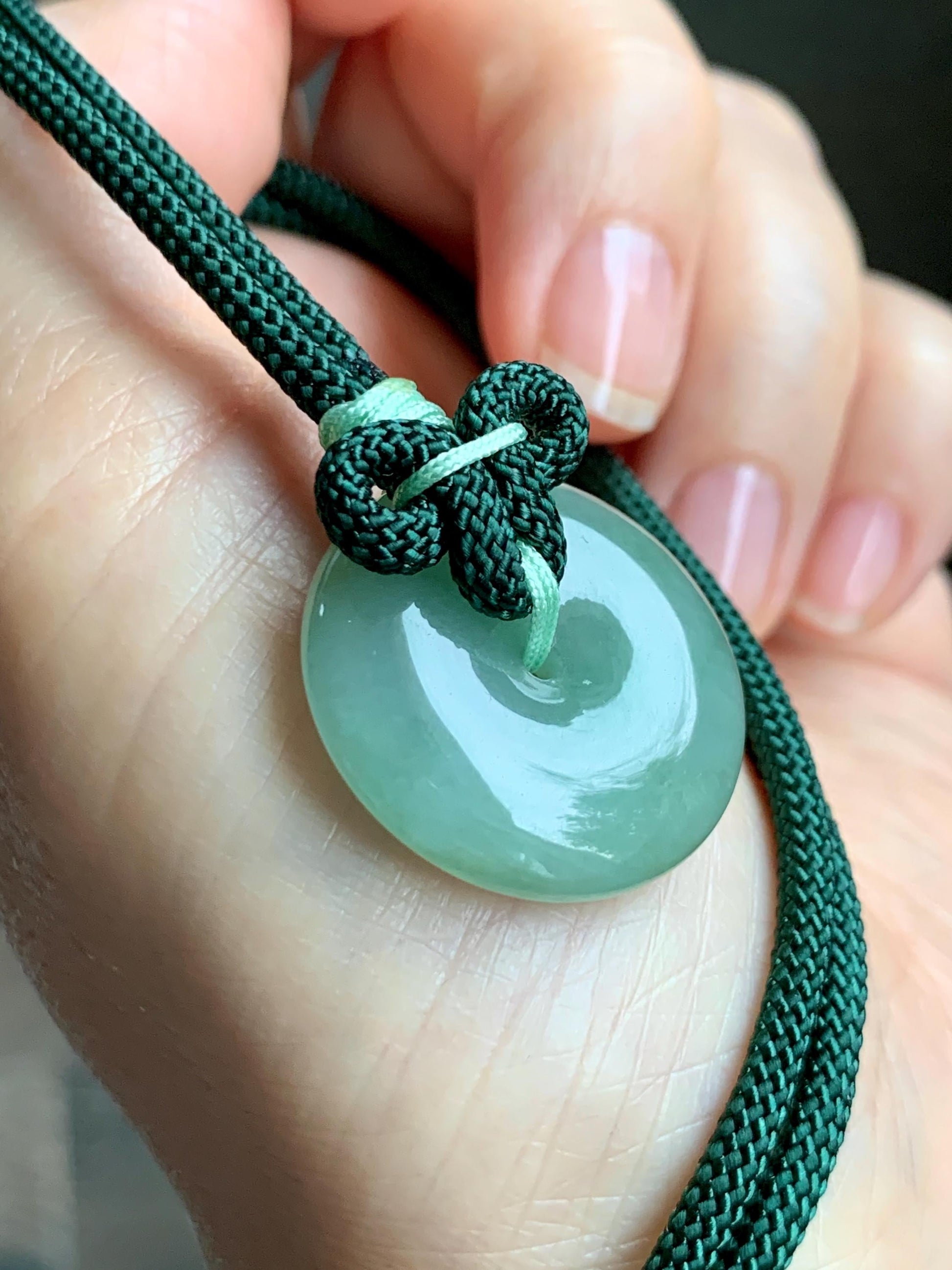 Natural Grade A Icy Translucent Light Green Jade Jadeite Ping An Kou Donut Pendant Rope Necklace 25" 11g 天然冰晴绿翡翠平安扣吊坠项链 MLP88B