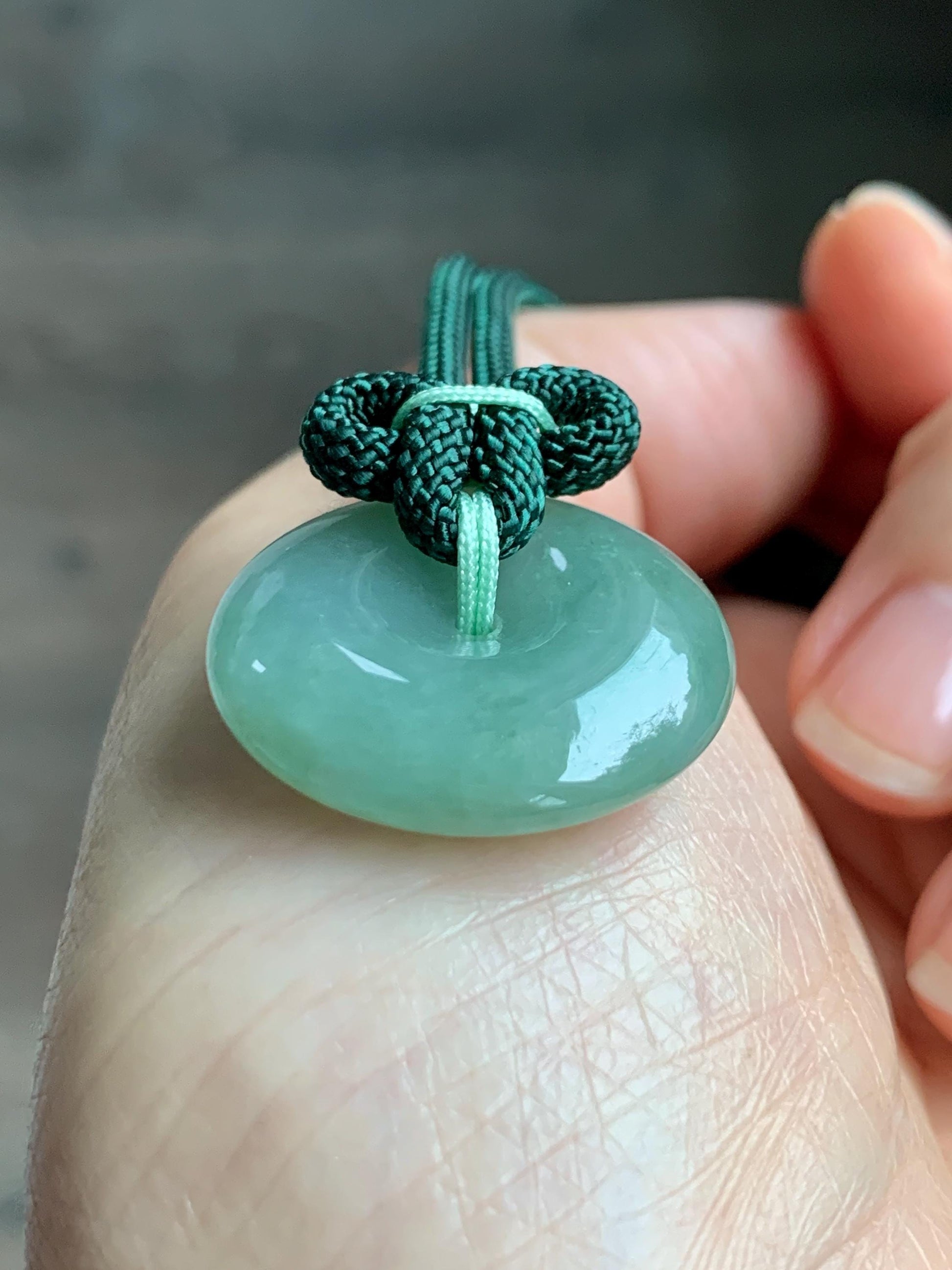 Natural Grade A Icy Translucent Light Green Jade Jadeite Ping An Kou Donut Pendant Rope Necklace 25" 11g 天然冰晴绿翡翠平安扣吊坠项链 MLP88B
