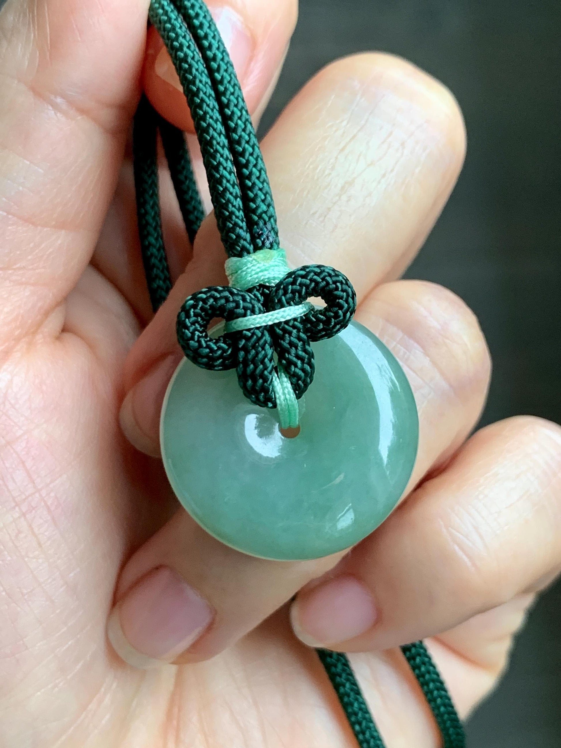 Natural Grade A Icy Translucent Light Green Jade Jadeite Ping An Kou Donut Pendant Rope Necklace 25" 11g 天然冰晴绿翡翠平安扣吊坠项链 MLP88B