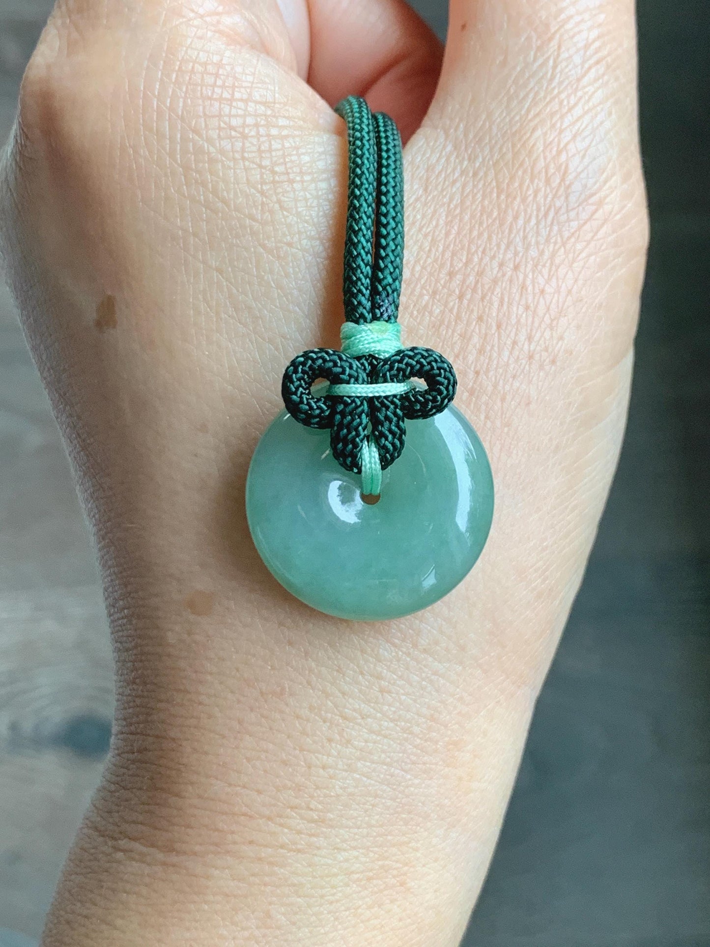 Natural Grade A Icy Translucent Light Green Jade Jadeite Ping An Kou Donut Pendant Rope Necklace 25" 11g 天然冰晴绿翡翠平安扣吊坠项链 MLP88B