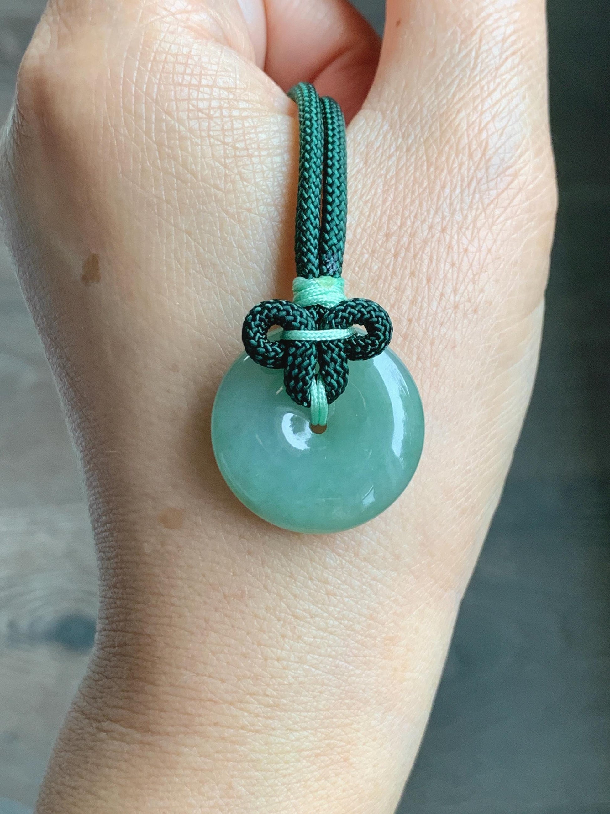 Natural Grade A Icy Translucent Light Green Jade Jadeite Ping An Kou Donut Pendant Rope Necklace 25" 11g 天然冰晴绿翡翠平安扣吊坠项链 MLP88B