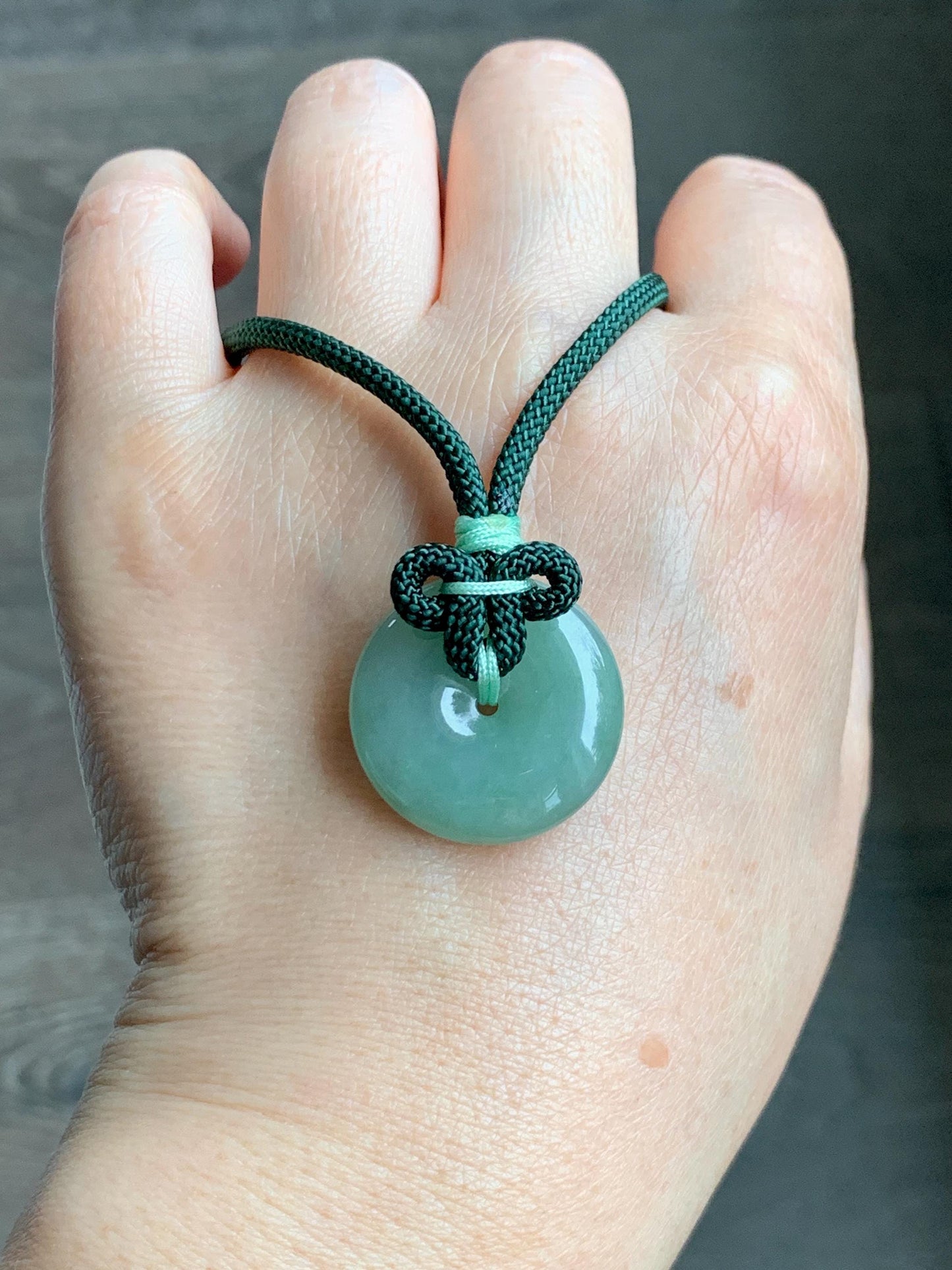 Natural Grade A Icy Translucent Light Green Jade Jadeite Ping An Kou Donut Pendant Rope Necklace 25" 11g 天然冰晴绿翡翠平安扣吊坠项链 MLP88B