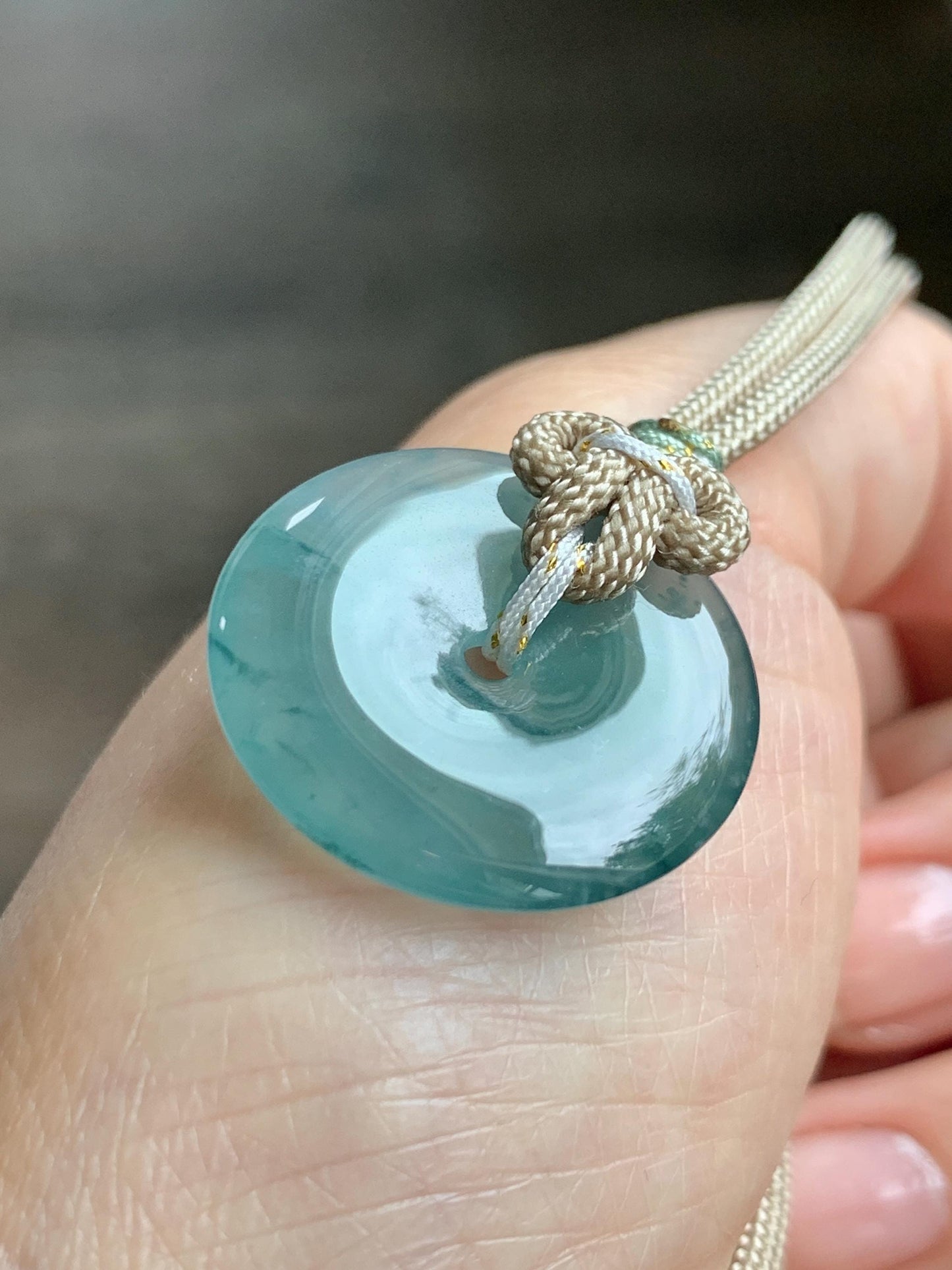 Natural Grade A Guatemalan Icy Highly Translucent Teal Blue Jade Jadeite Ping An Kou Donut Pendant Rope Necklace 25" 天然冰危蓝绿翡翠平安扣吊坠项链 BWL125