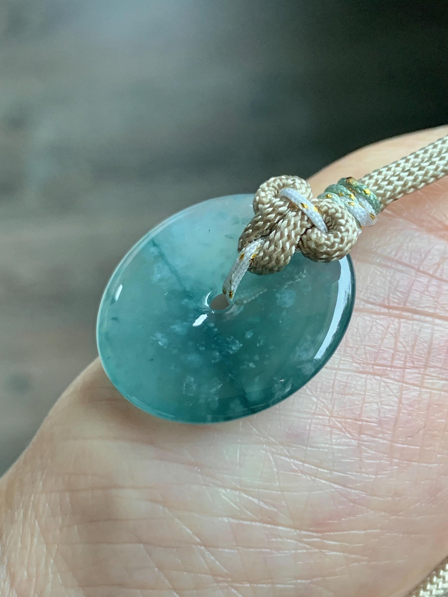 Natural Grade A Guatemalan Icy Highly Translucent Teal Blue Jade Jadeite Ping An Kou Donut Pendant Rope Necklace 25" 天然冰危蓝绿翡翠平安扣吊坠项链 BWL125