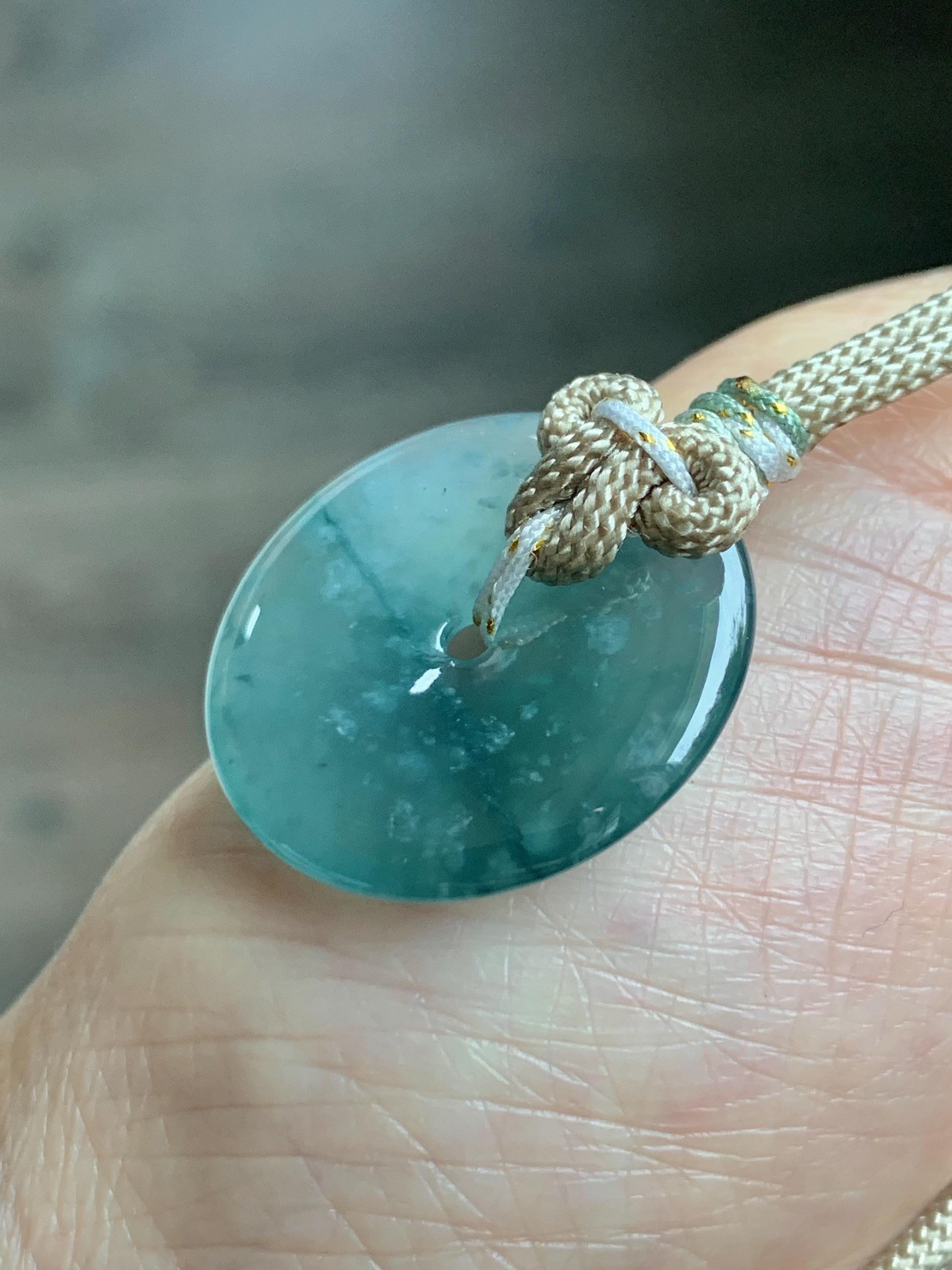 Natural Grade A Guatemalan Icy Highly Translucent Teal Blue Jade Jadeite Ping An Kou Donut Pendant Rope Necklace 25" 天然冰危蓝绿翡翠平安扣吊坠项链 BWL125