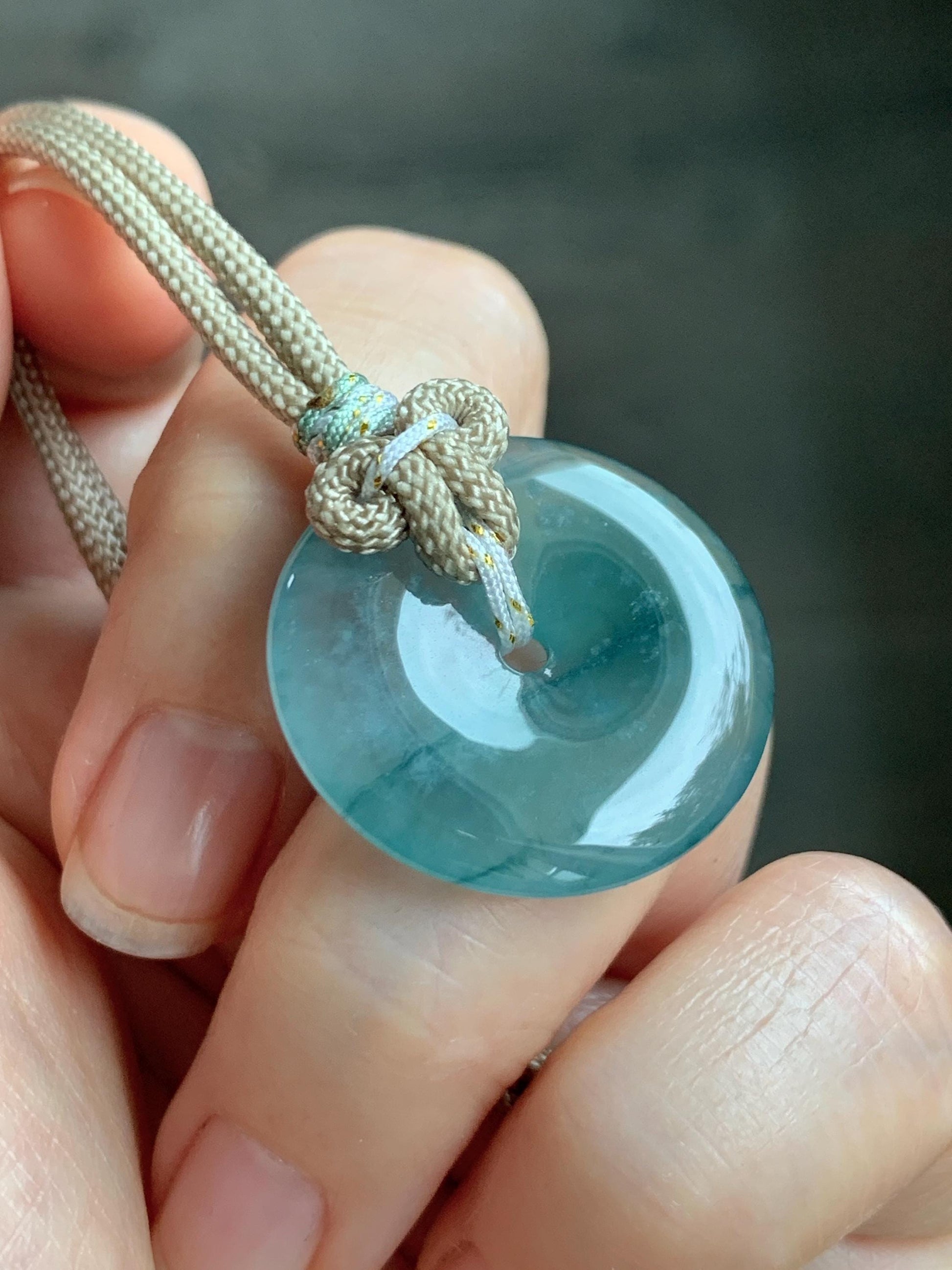Natural Grade A Guatemalan Icy Highly Translucent Teal Blue Jade Jadeite Ping An Kou Donut Pendant Rope Necklace 25" 天然冰危蓝绿翡翠平安扣吊坠项链 BWL125
