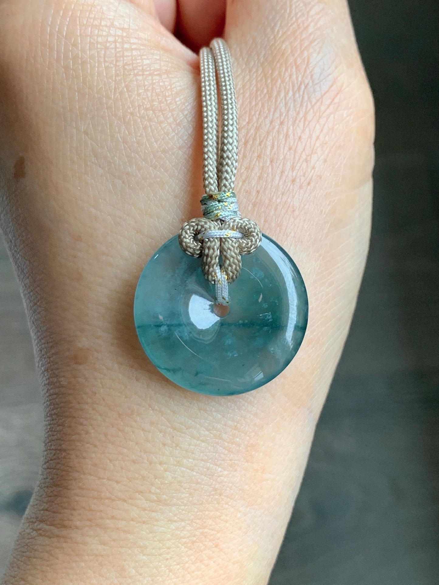 Natural Grade A Guatemalan Icy Highly Translucent Teal Blue Jade Jadeite Ping An Kou Donut Pendant Rope Necklace 25" 天然冰危蓝绿翡翠平安扣吊坠项链 BWL125