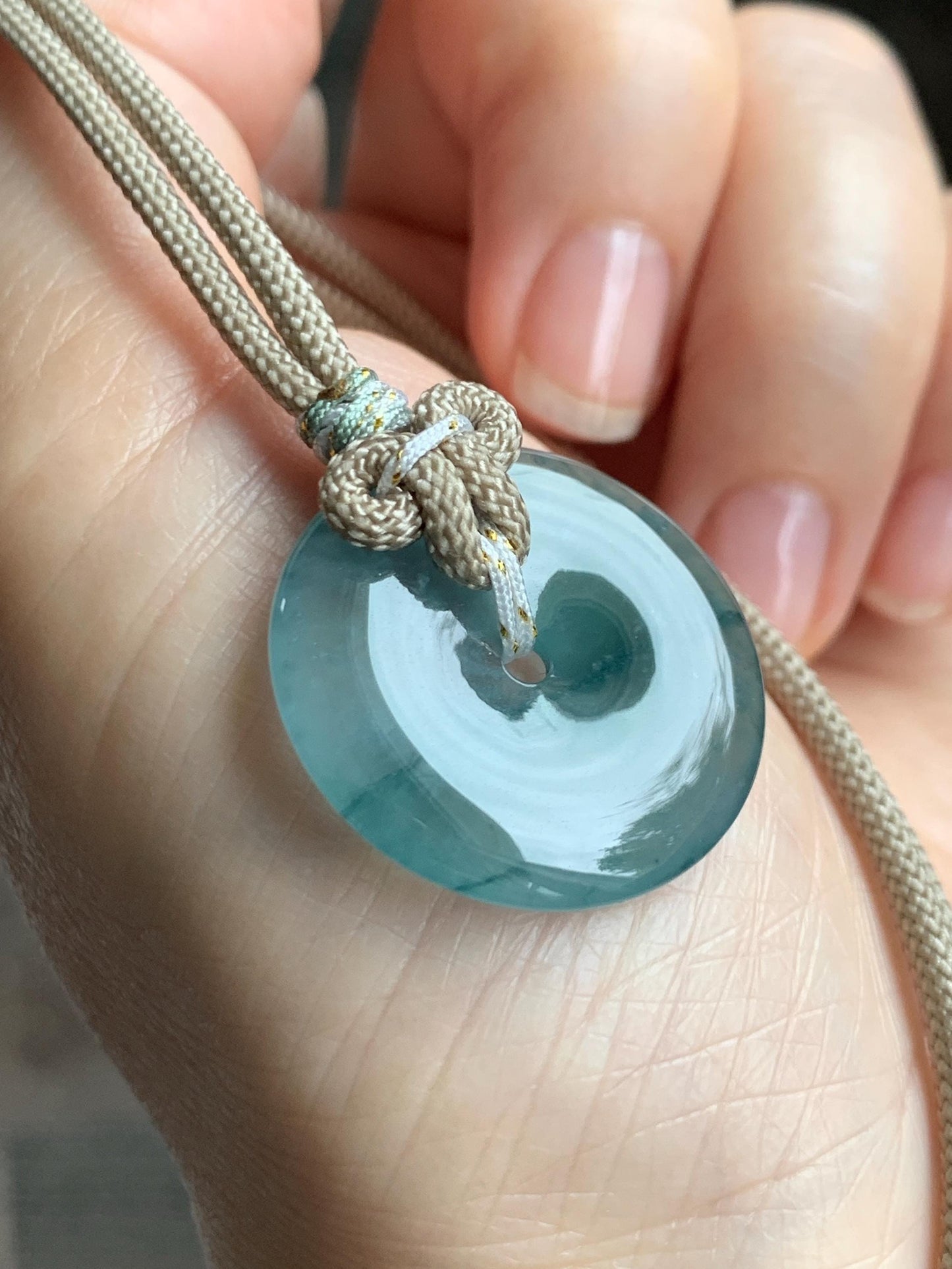 Natural Grade A Guatemalan Icy Highly Translucent Teal Blue Jade Jadeite Ping An Kou Donut Pendant Rope Necklace 25" 天然冰危蓝绿翡翠平安扣吊坠项链 BWL125