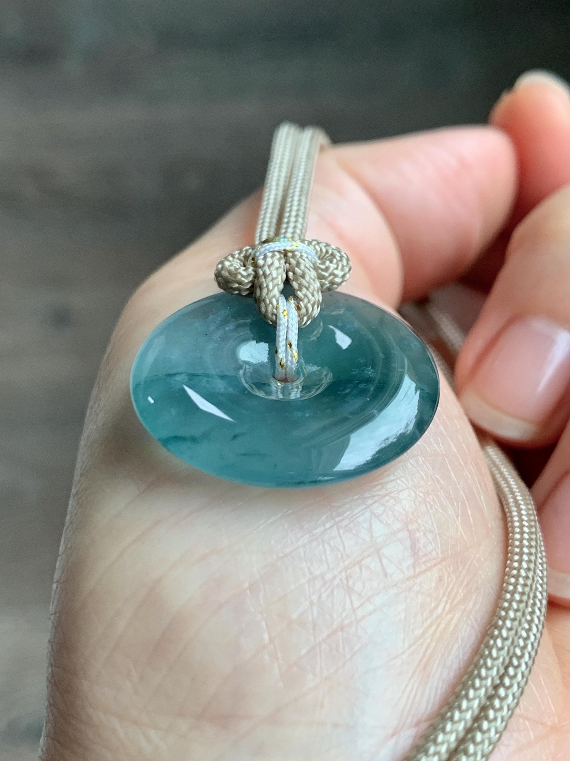 Natural Grade A Guatemalan Icy Highly Translucent Teal Blue Jade Jadeite Ping An Kou Donut Pendant Rope Necklace 25" 天然冰危蓝绿翡翠平安扣吊坠项链 BWL125