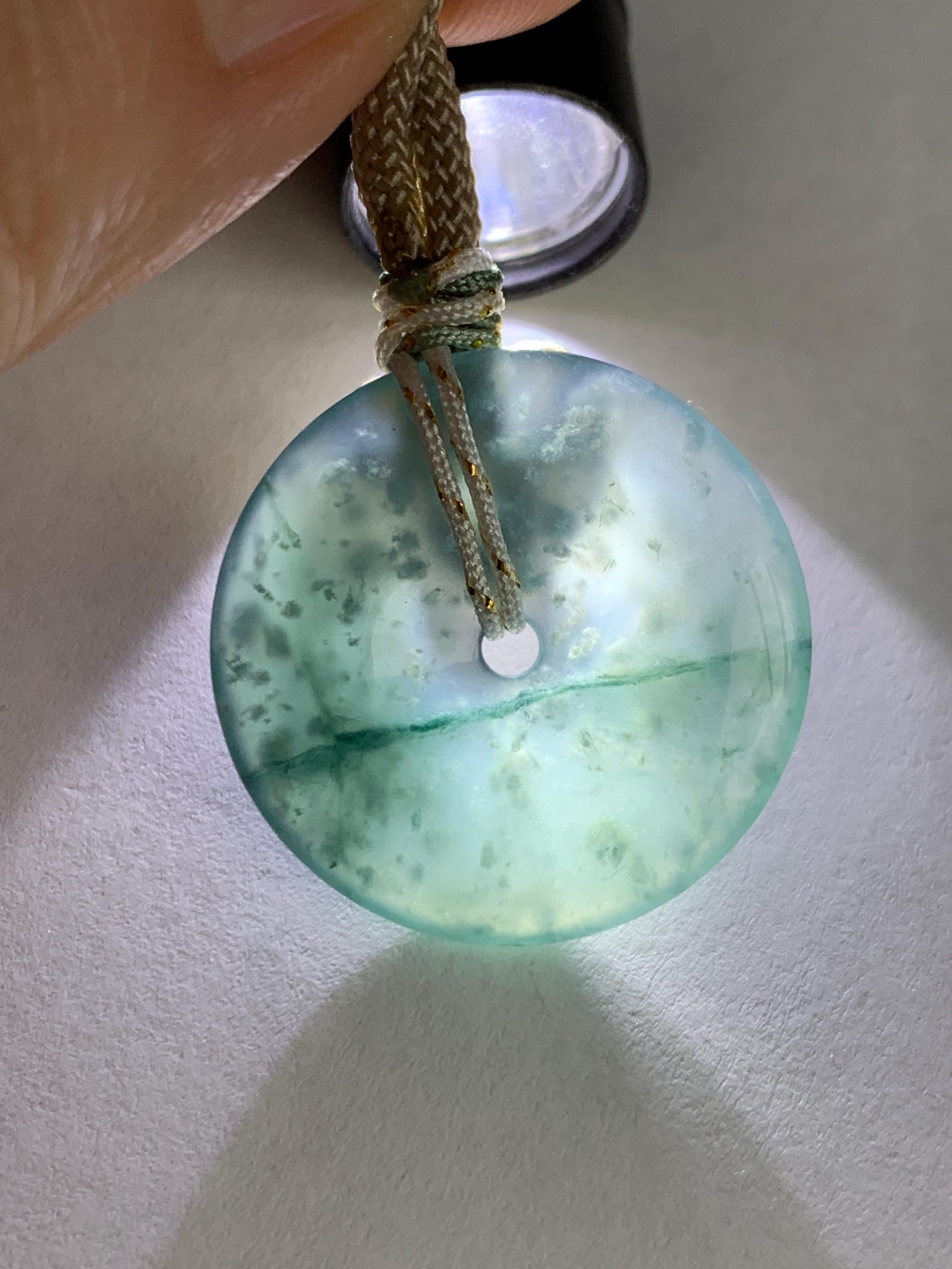 Natural Grade A Guatemalan Icy Highly Translucent Teal Blue Jade Jadeite Ping An Kou Donut Pendant Rope Necklace 25" 天然冰危蓝绿翡翠平安扣吊坠项链 BWL125