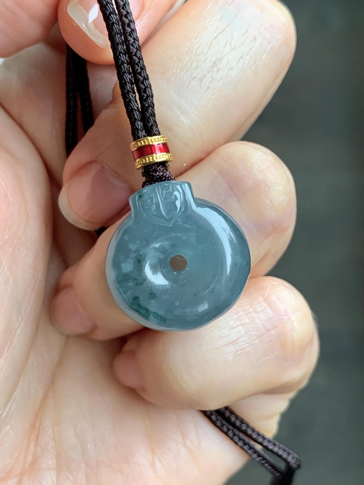 Natural Grade A Guatemalan Icy Translucent Dark Dusty Blue Jade Jadeite Ping An Kou Donut Pendant Rope Necklace 26” 天然冰危蓝翡翠平安扣吊坠项链 WFGK120