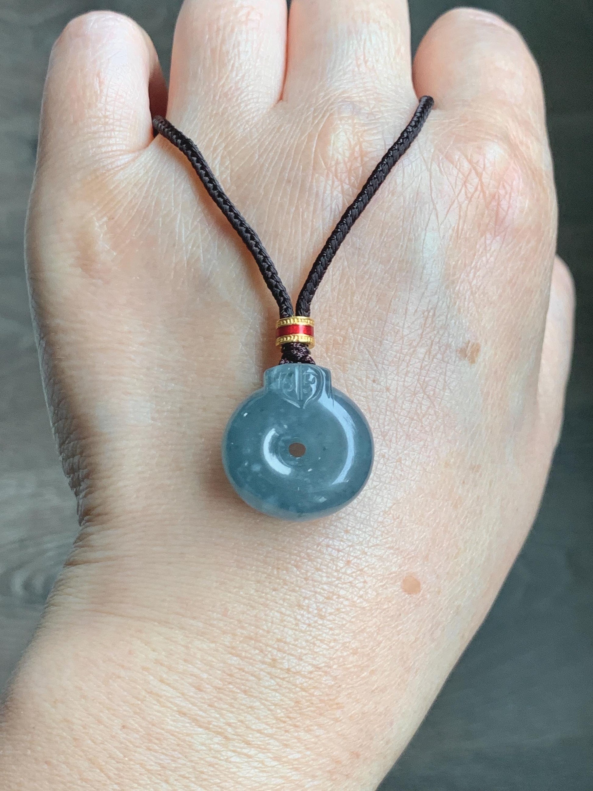 Natural Grade A Guatemalan Icy Translucent Dark Dusty Blue Jade Jadeite Ping An Kou Donut Pendant Rope Necklace 26” 天然冰危蓝翡翠平安扣吊坠项链 WFGK120