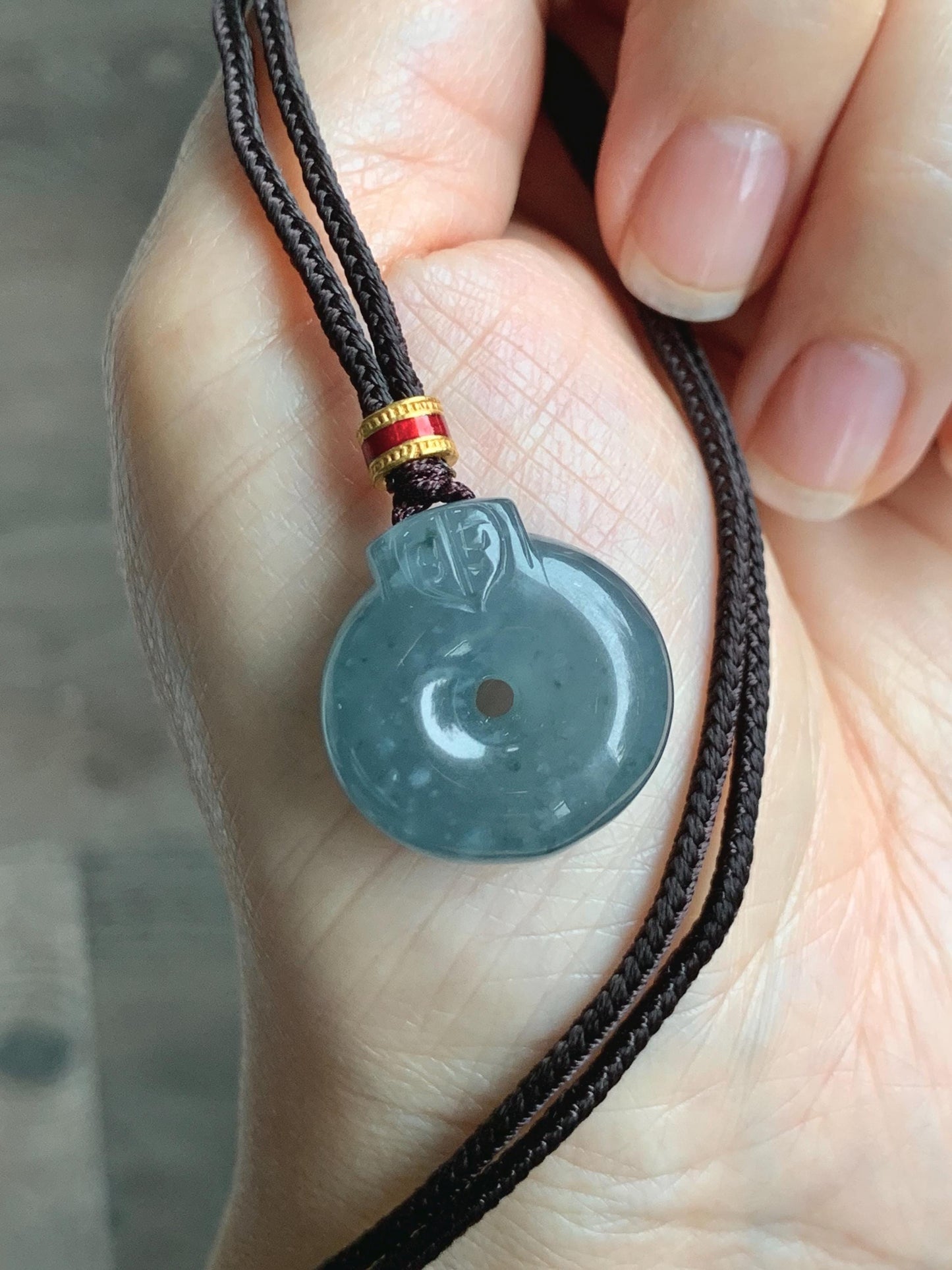 Natural Grade A Guatemalan Icy Translucent Dark Dusty Blue Jade Jadeite Ping An Kou Donut Pendant Rope Necklace 26” 天然冰危蓝翡翠平安扣吊坠项链 WFGK120