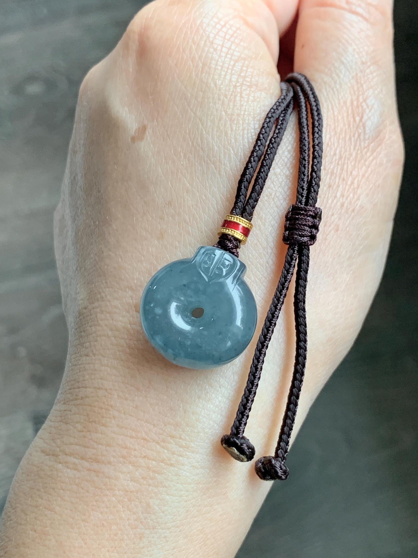 Natural Grade A Guatemalan Icy Translucent Dark Dusty Blue Jade Jadeite Ping An Kou Donut Pendant Rope Necklace 26” 天然冰危蓝翡翠平安扣吊坠项链 WFGK120