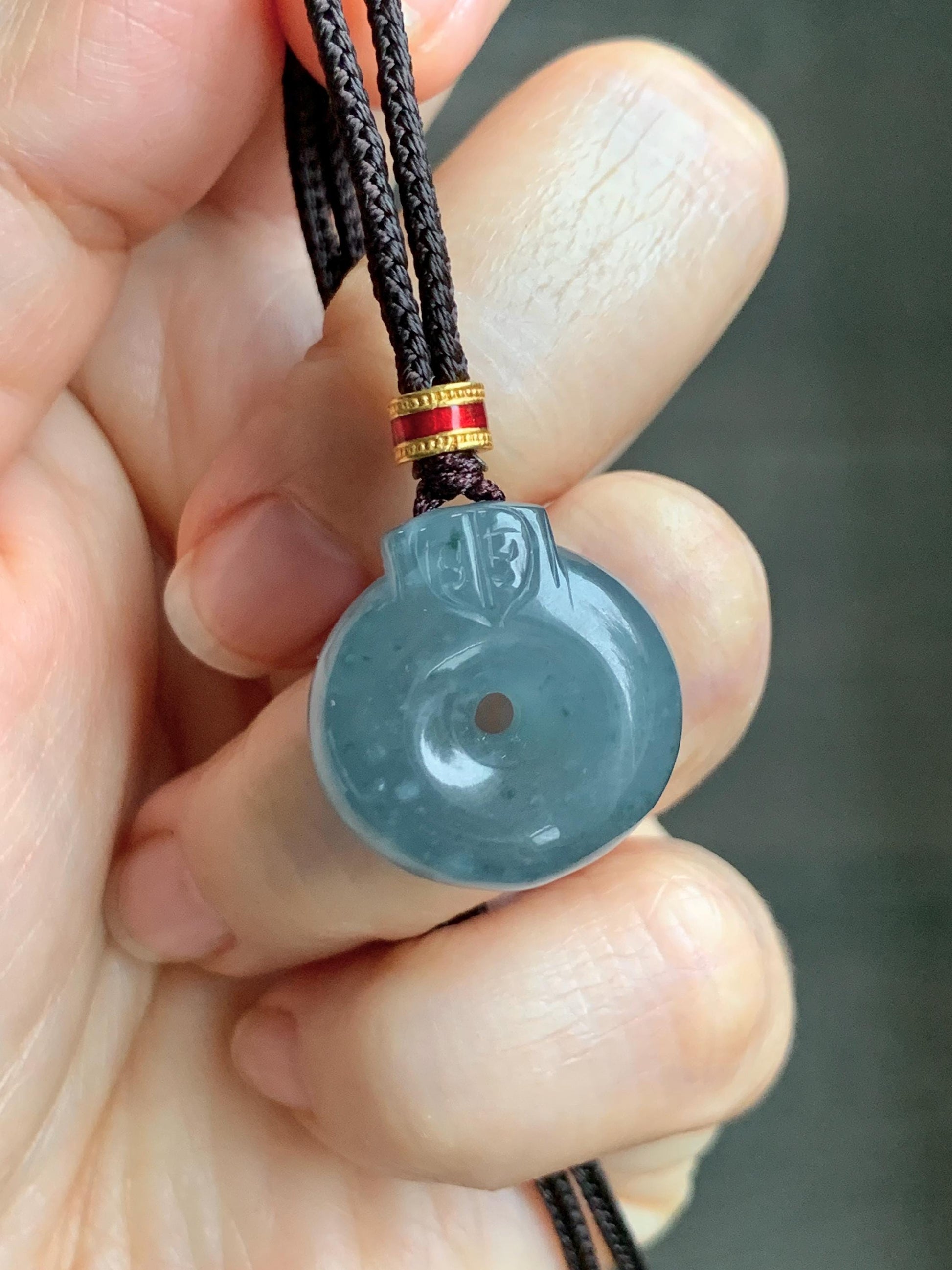 Natural Grade A Guatemalan Icy Translucent Dark Dusty Blue Jade Jadeite Ping An Kou Donut Pendant Rope Necklace 26” 天然冰危蓝翡翠平安扣吊坠项链 WFGK120