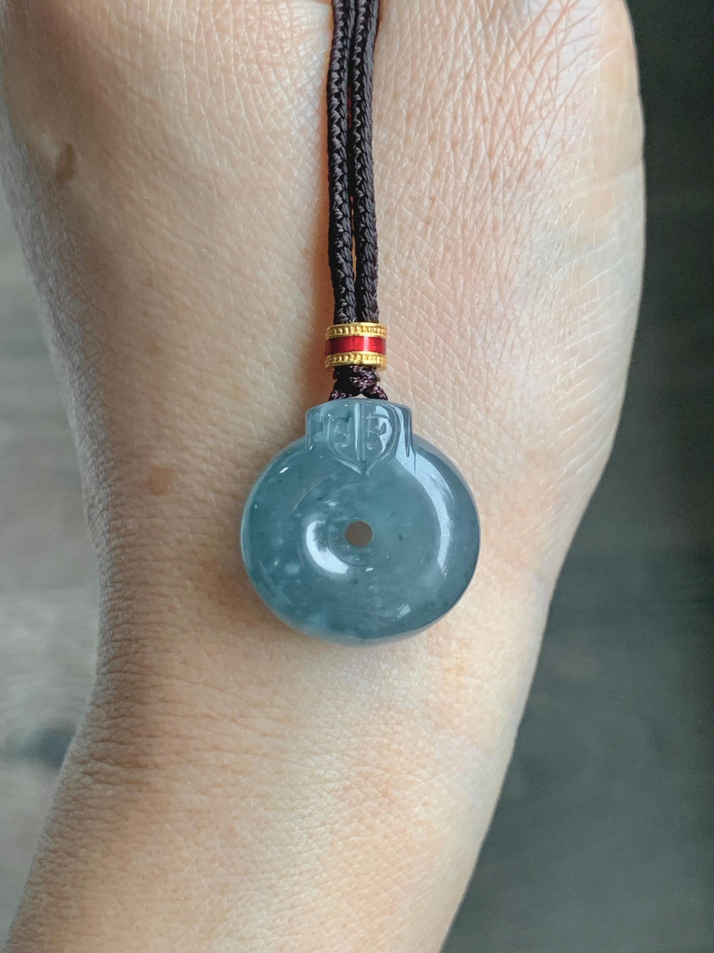 Natural Grade A Guatemalan Icy Translucent Dark Dusty Blue Jade Jadeite Ping An Kou Donut Pendant Rope Necklace 26” 天然冰危蓝翡翠平安扣吊坠项链 WFGK120