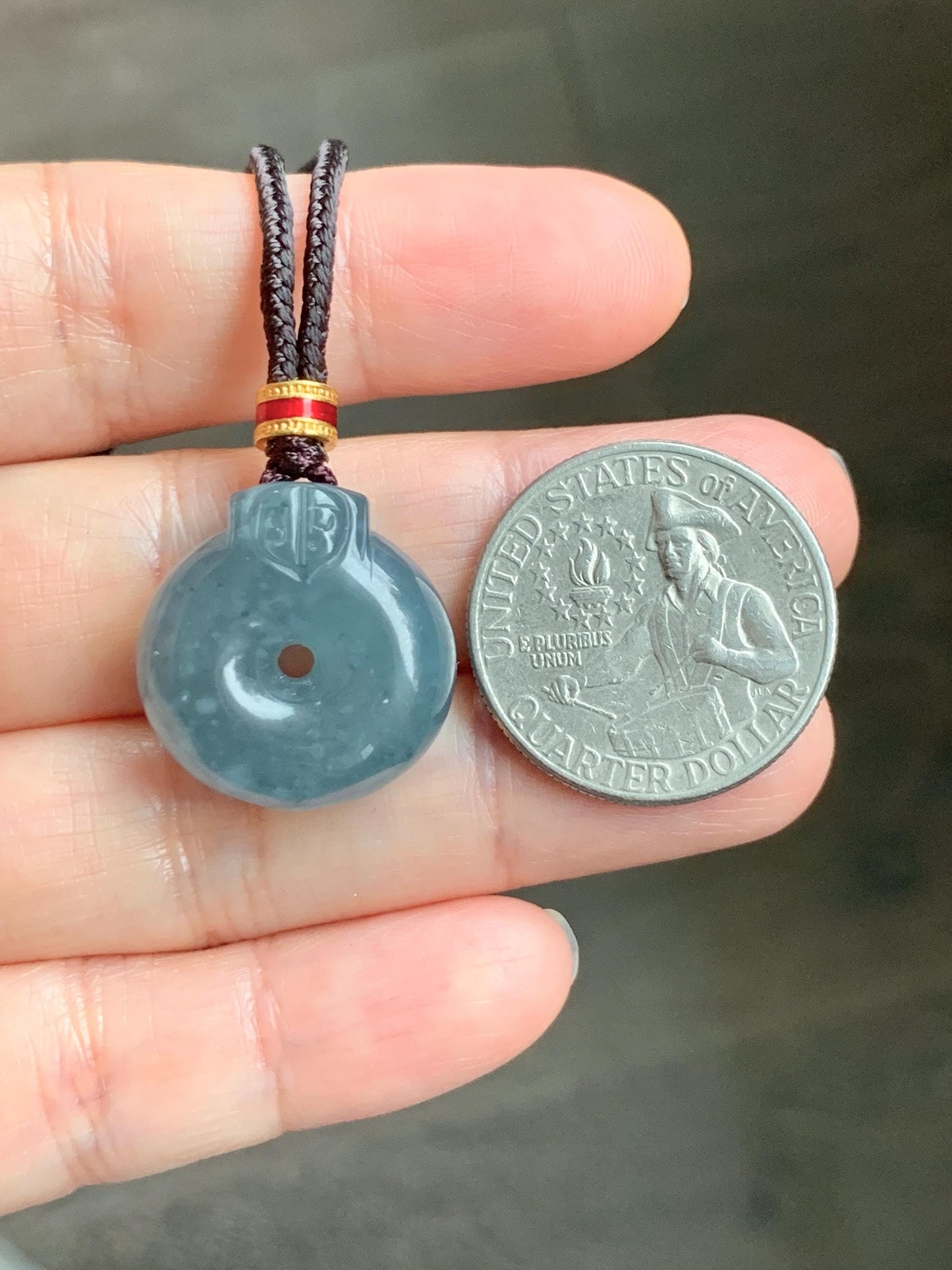 Natural Grade A Guatemalan Icy Translucent Dark Dusty Blue Jade Jadeite Ping An Kou Donut Pendant Rope Necklace 26” 天然冰危蓝翡翠平安扣吊坠项链 WFGK120