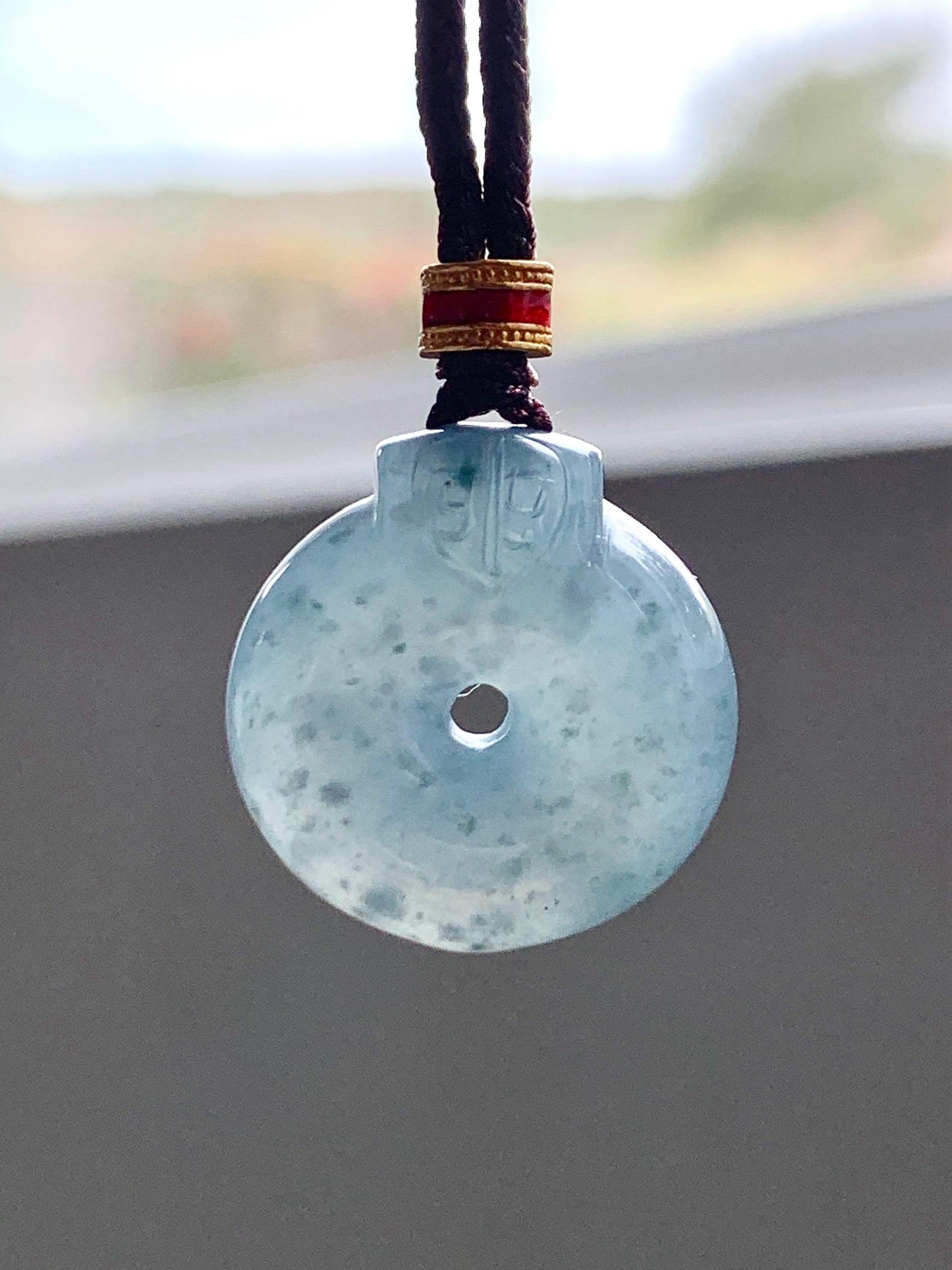 Natural Grade A Guatemalan Icy Translucent Dark Dusty Blue Jade Jadeite Ping An Kou Donut Pendant Rope Necklace 26” 天然冰危蓝翡翠平安扣吊坠项链 WFGK120